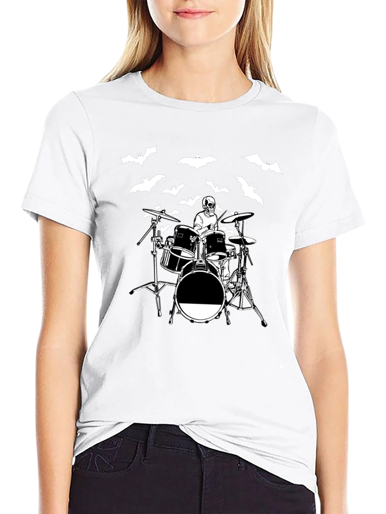 Black Skeleton Drummer Bat T-Shirt view 9