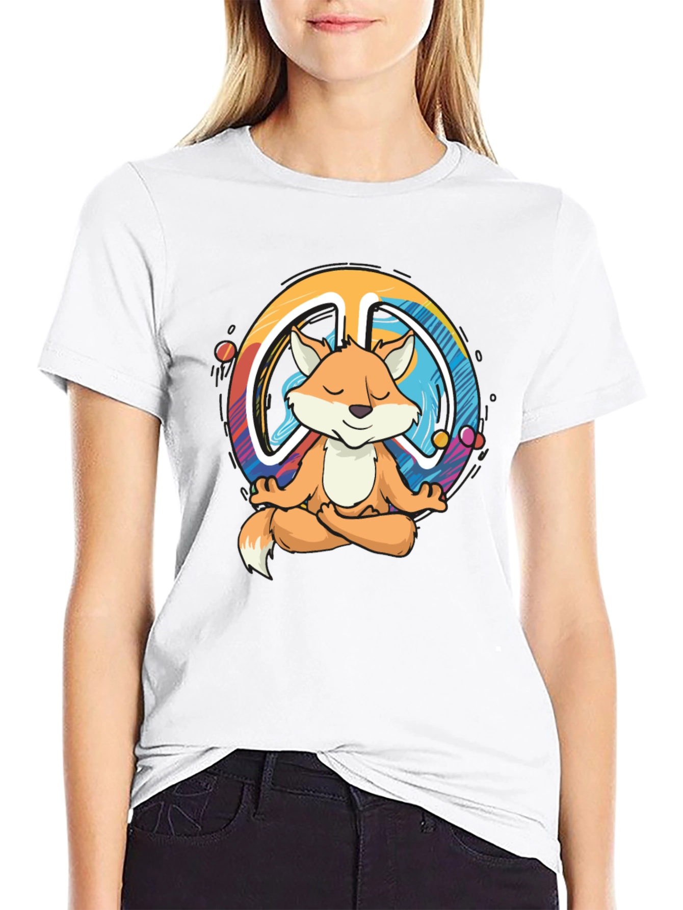 Black Zen Fox Peace Sign T-Shirt - Meditating Fox Design view 9