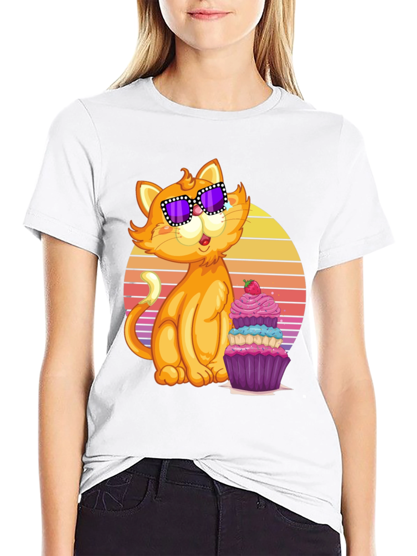 Black Cool Cat with Cupcake T-Shirt view 9