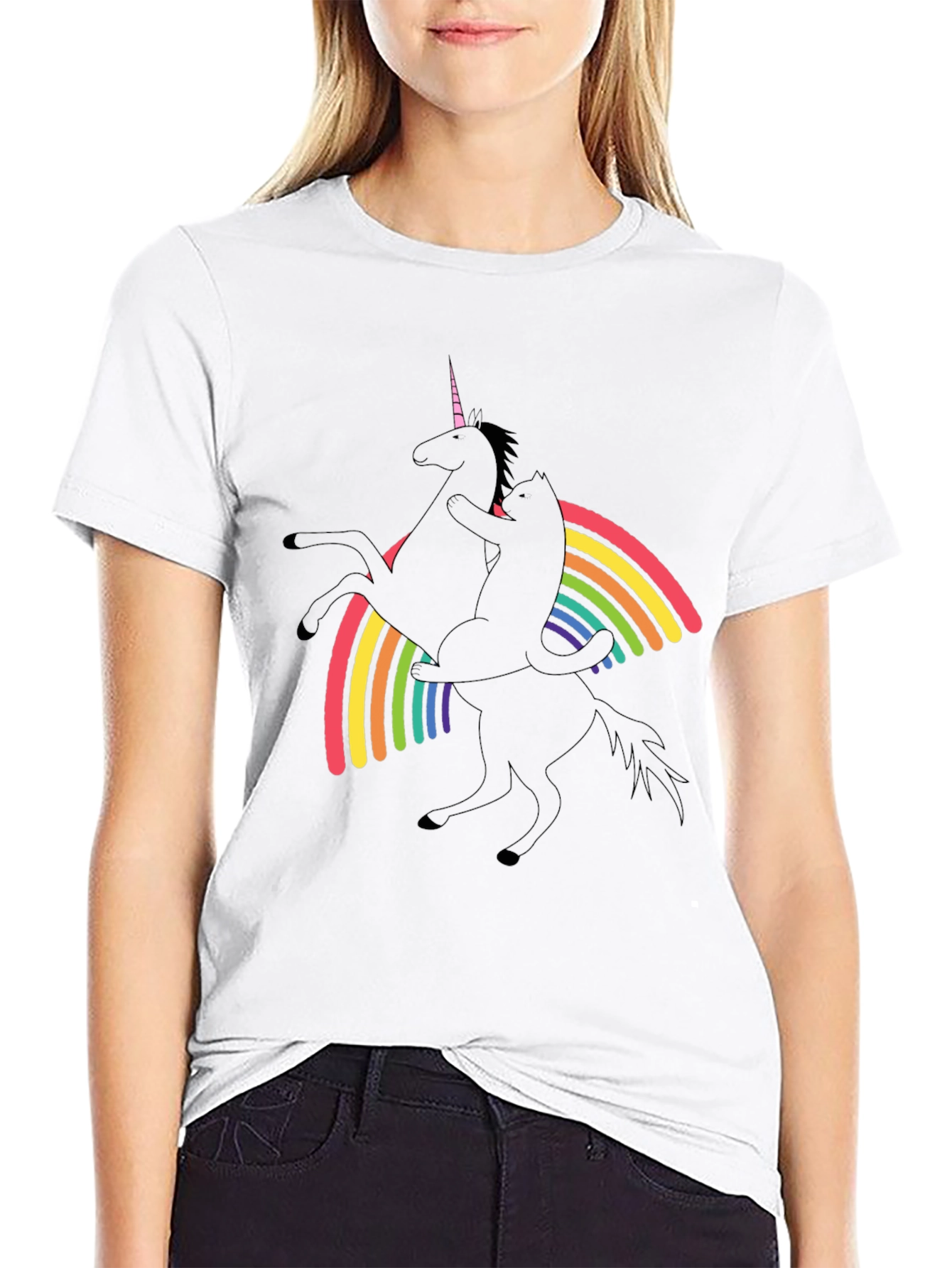 Black Unicorn & Cat Rainbow Graphic Black T-Shirt view 9