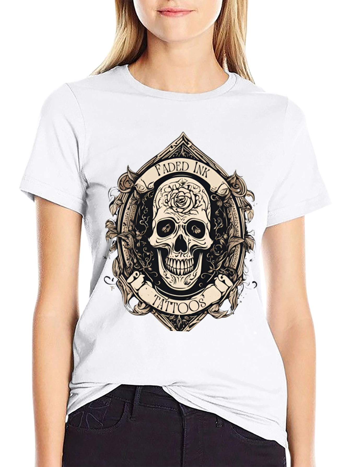 Black Faded Ink Tattoos Skull Graphic Black T-Shirt view 9