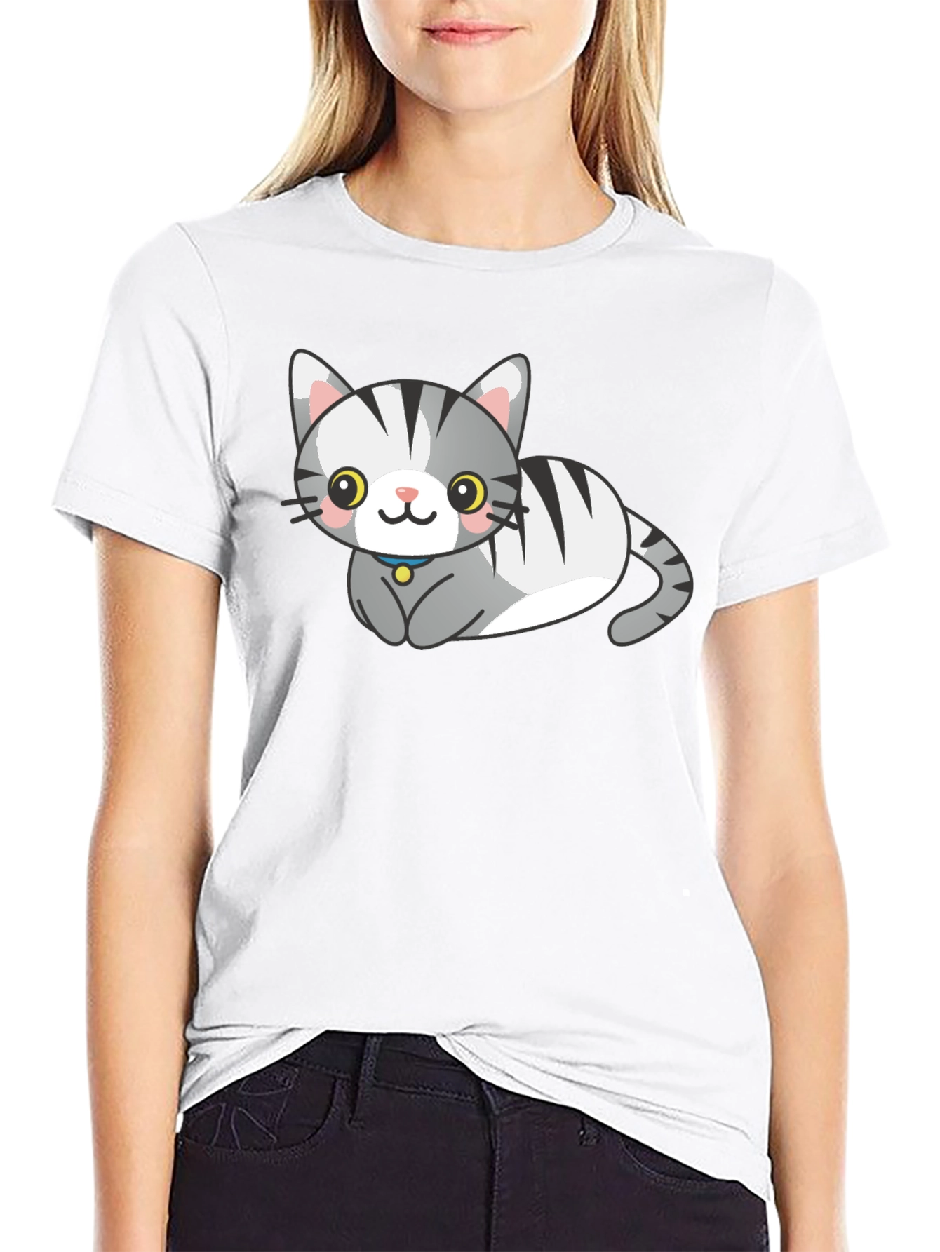 Black Cute Cartoon Cat Graphic Tee view 9