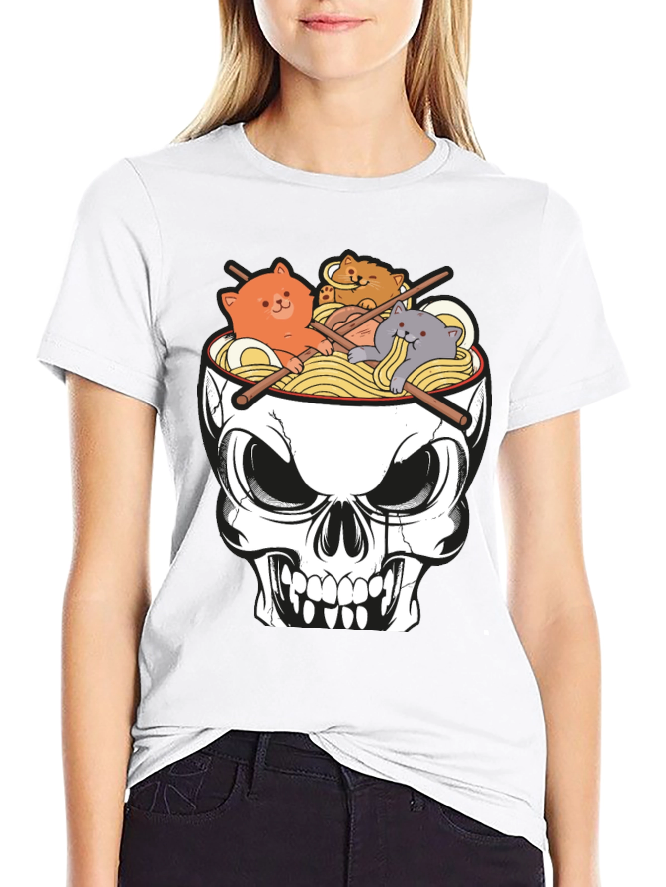 Black Skull Ramen Cat T-Shirt view 9