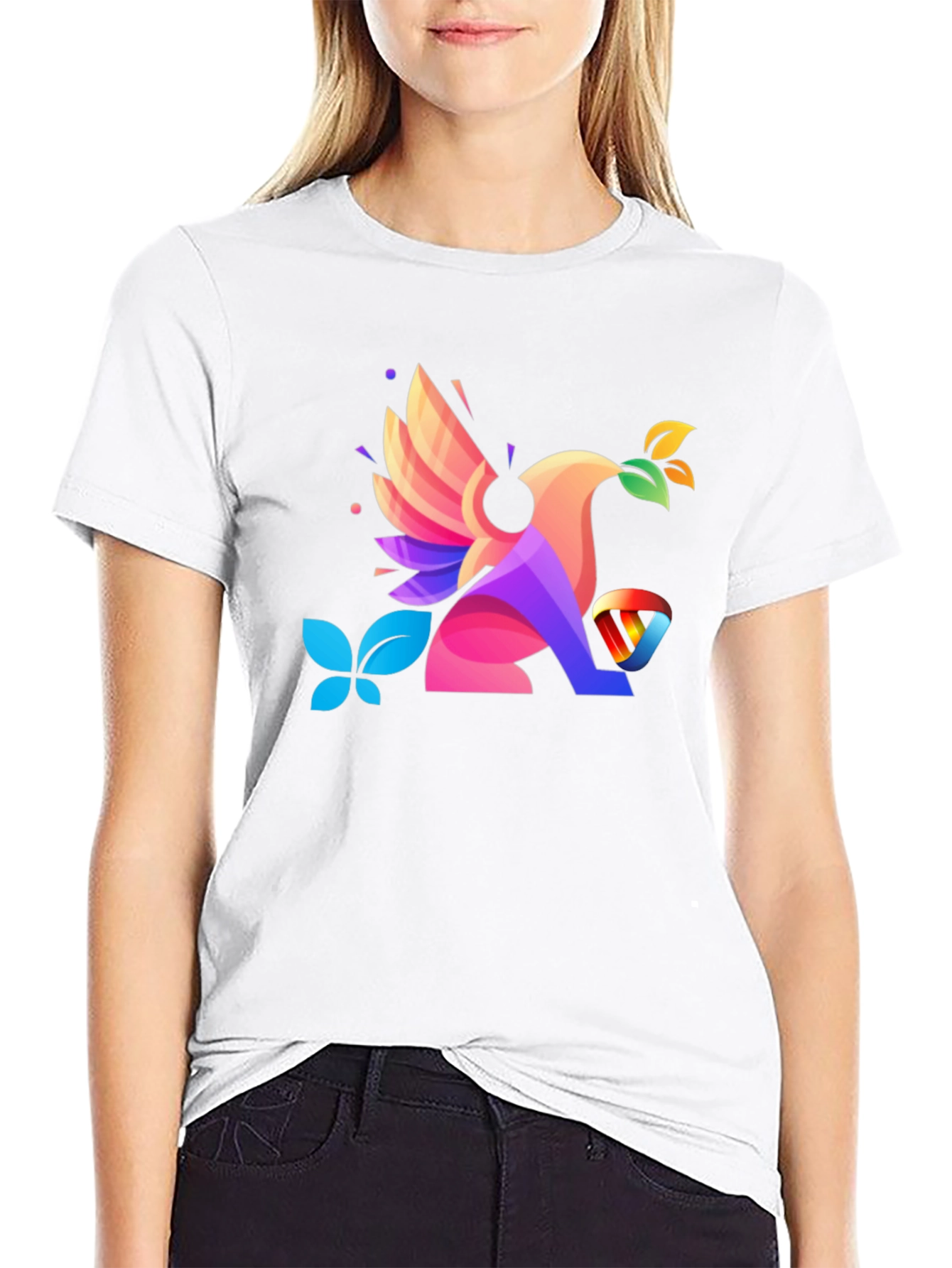 Black Colorful Geometric Bird Graphic T-Shirt view 9