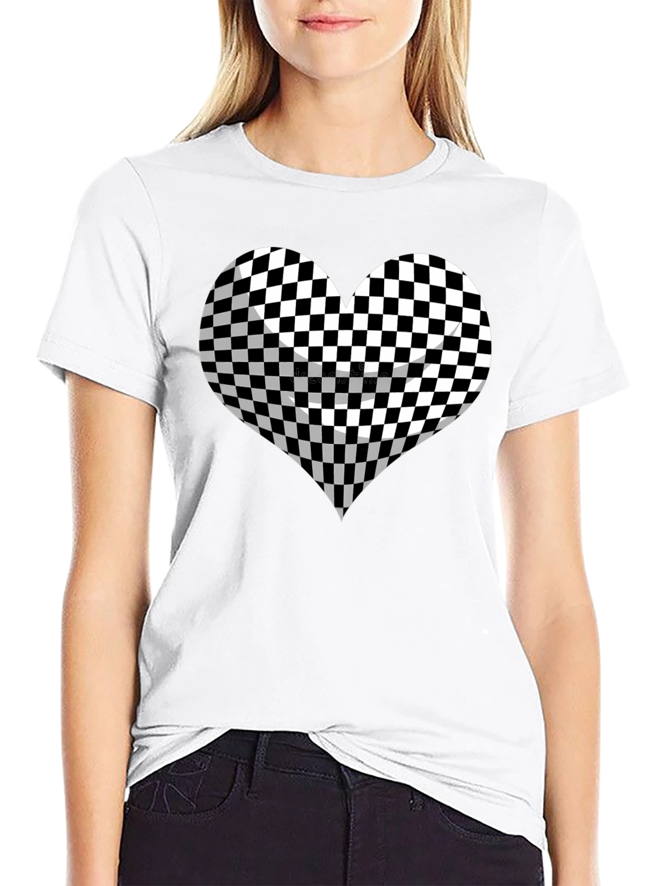 Black Checkered Heart Graphic Tee - Stylish Black T-Shirt view 9