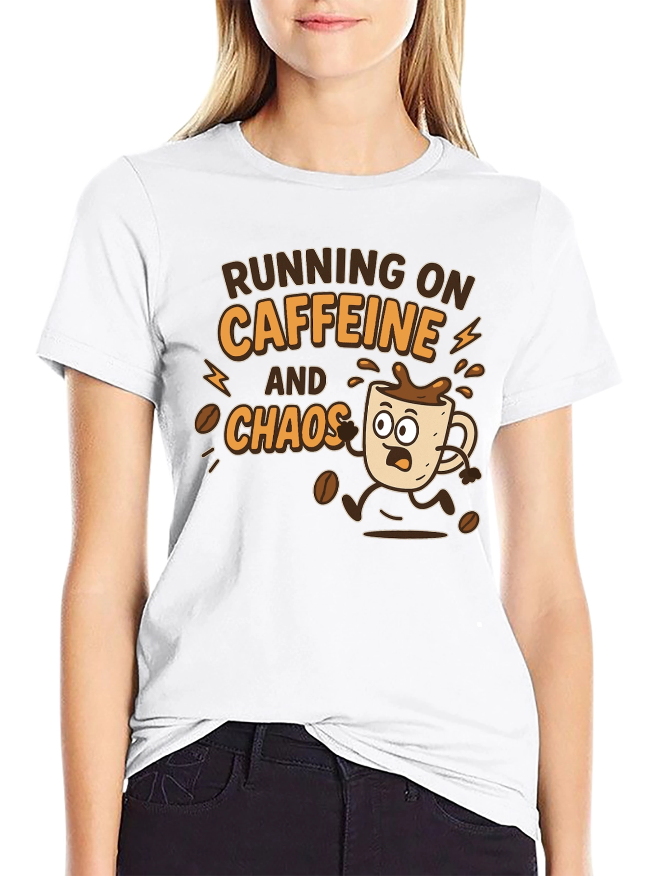 Black Running on Caffeine and Chaos Graphic Tee view 9