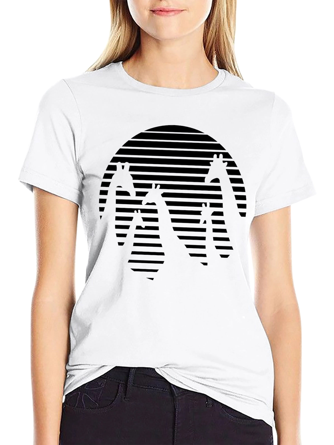 Black Giraffe Silhouette Tee - Striped Sunset Design view 9