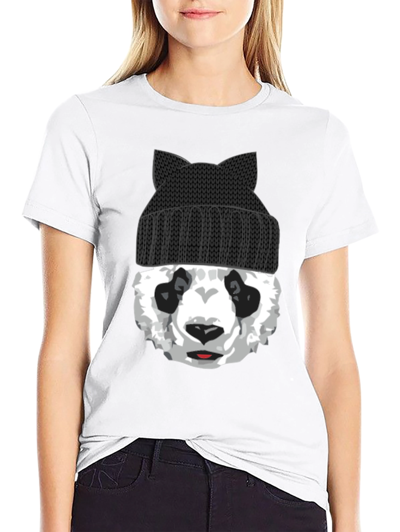 Black Cool Panda Bear with Cat Ear Beanie Graphic Tee view 9