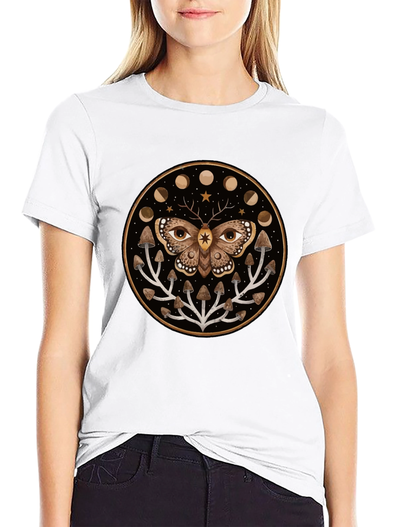 Black Moth and Mushroom Moon Phases Graphic Tee view 9