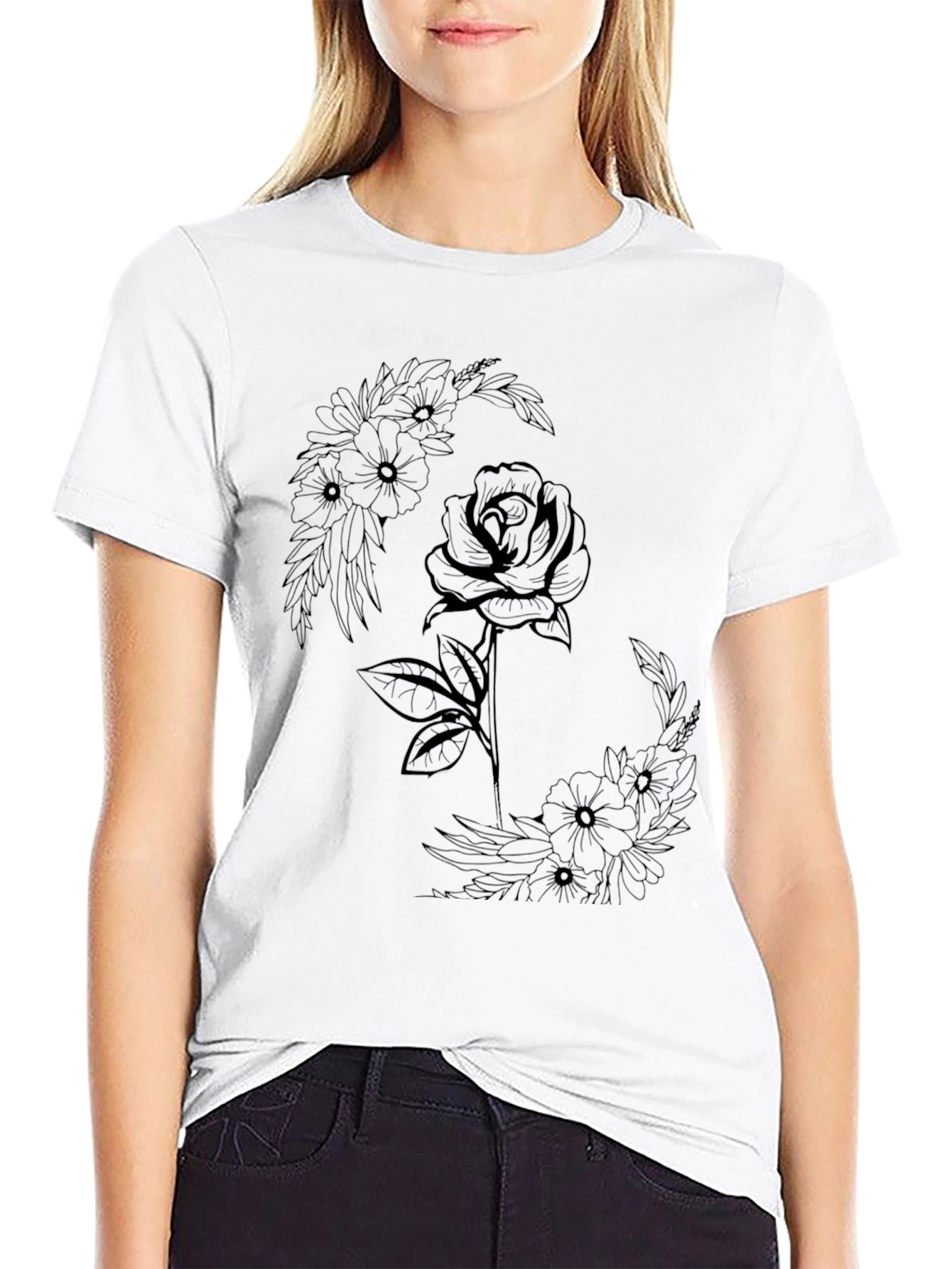 Black Floral Rose Graphic Tee - Modern Black T-Shirt view 9