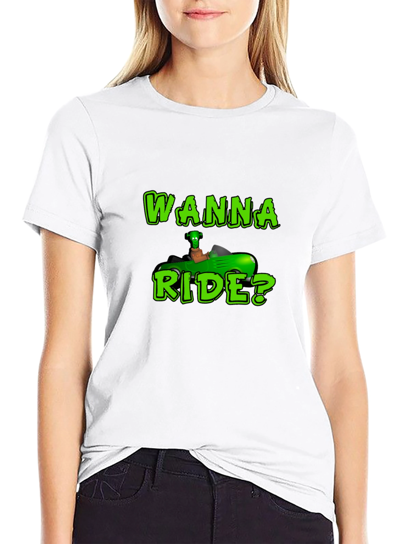 Black Wanna Ride? Green Car Black T-Shirt view 9