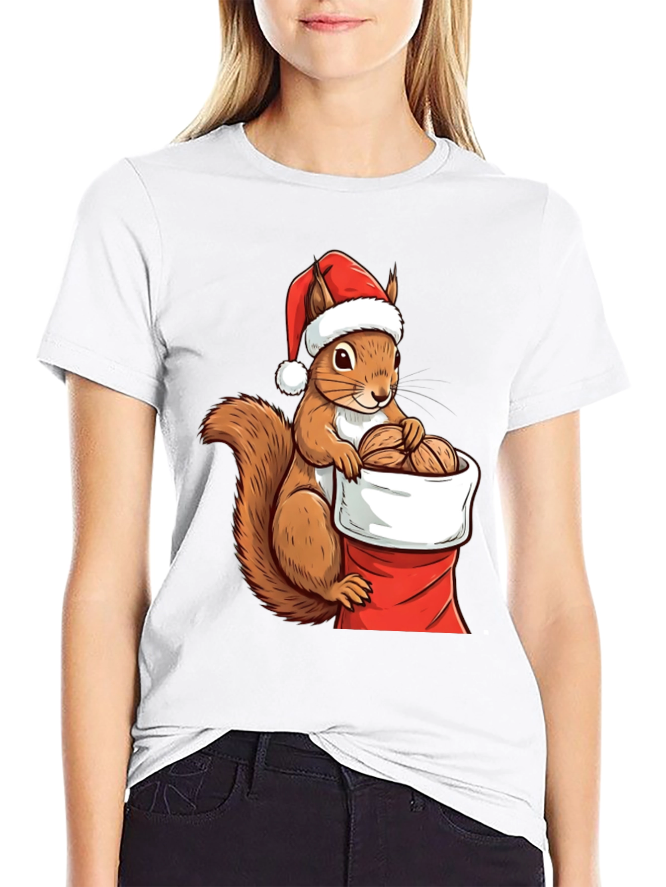 Black Festive Squirrel Santa Hat T-Shirt view 9