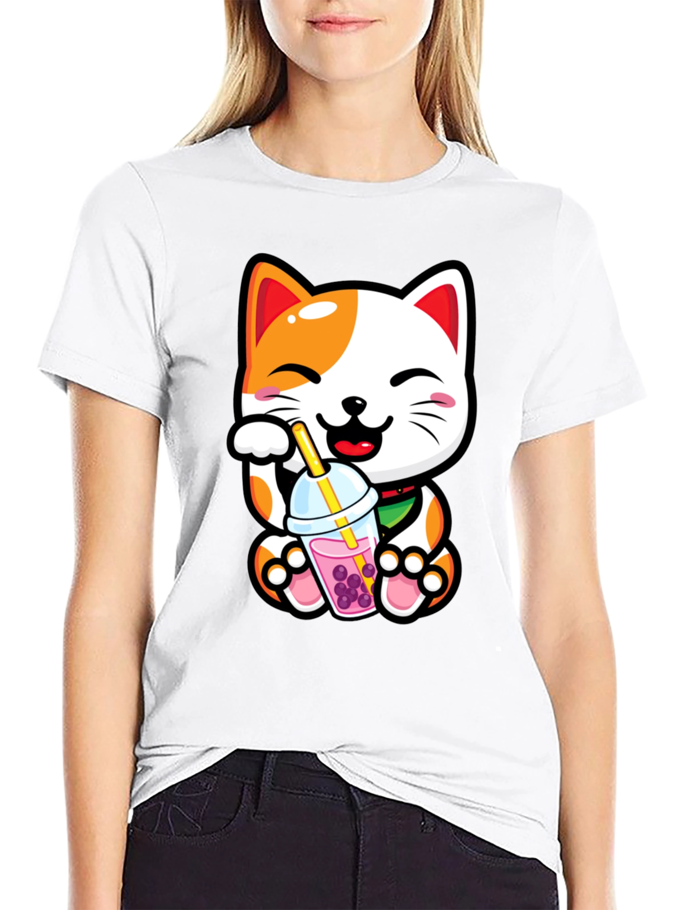 Black Kawaii Cat Boba Tea Graphic Tee view 9