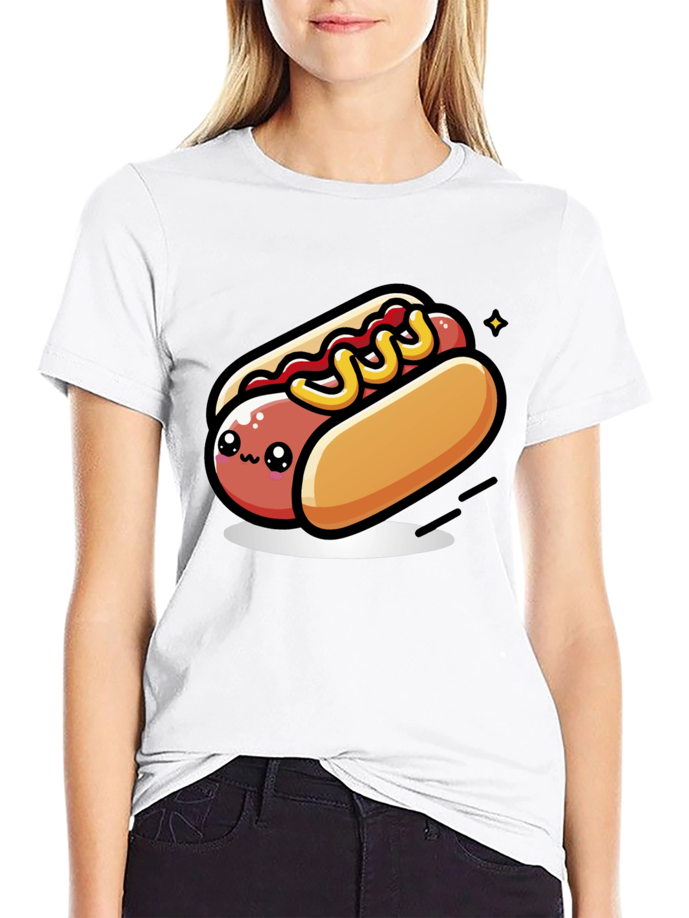 Black Cute Hotdog Cartoon T-Shirt - Black view 9