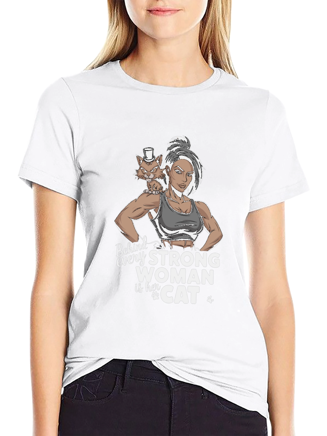 Black Strong Woman & Cat Graphic T-Shirt view 9