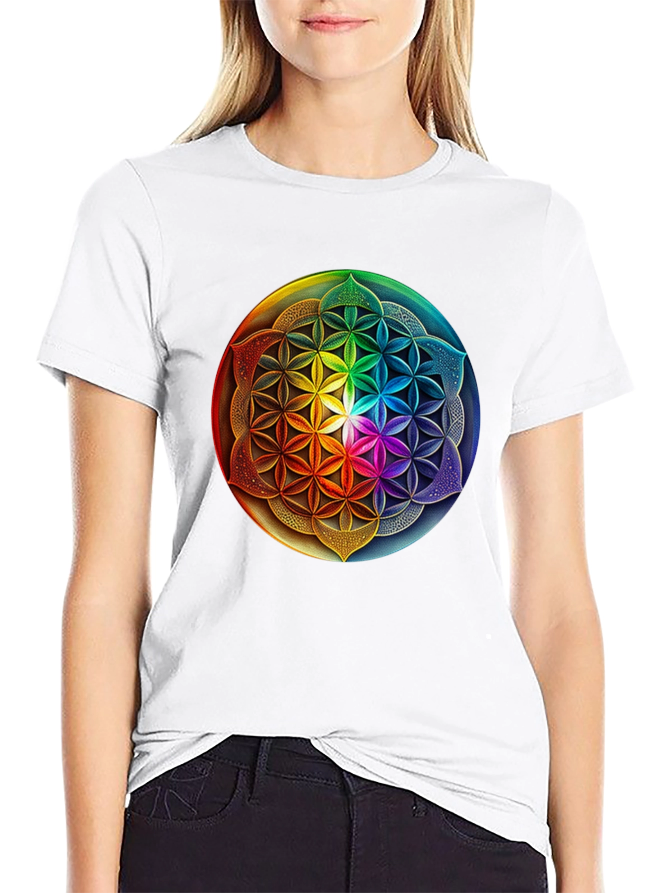 Black Rainbow Flower of Life Graphic Tee view 9