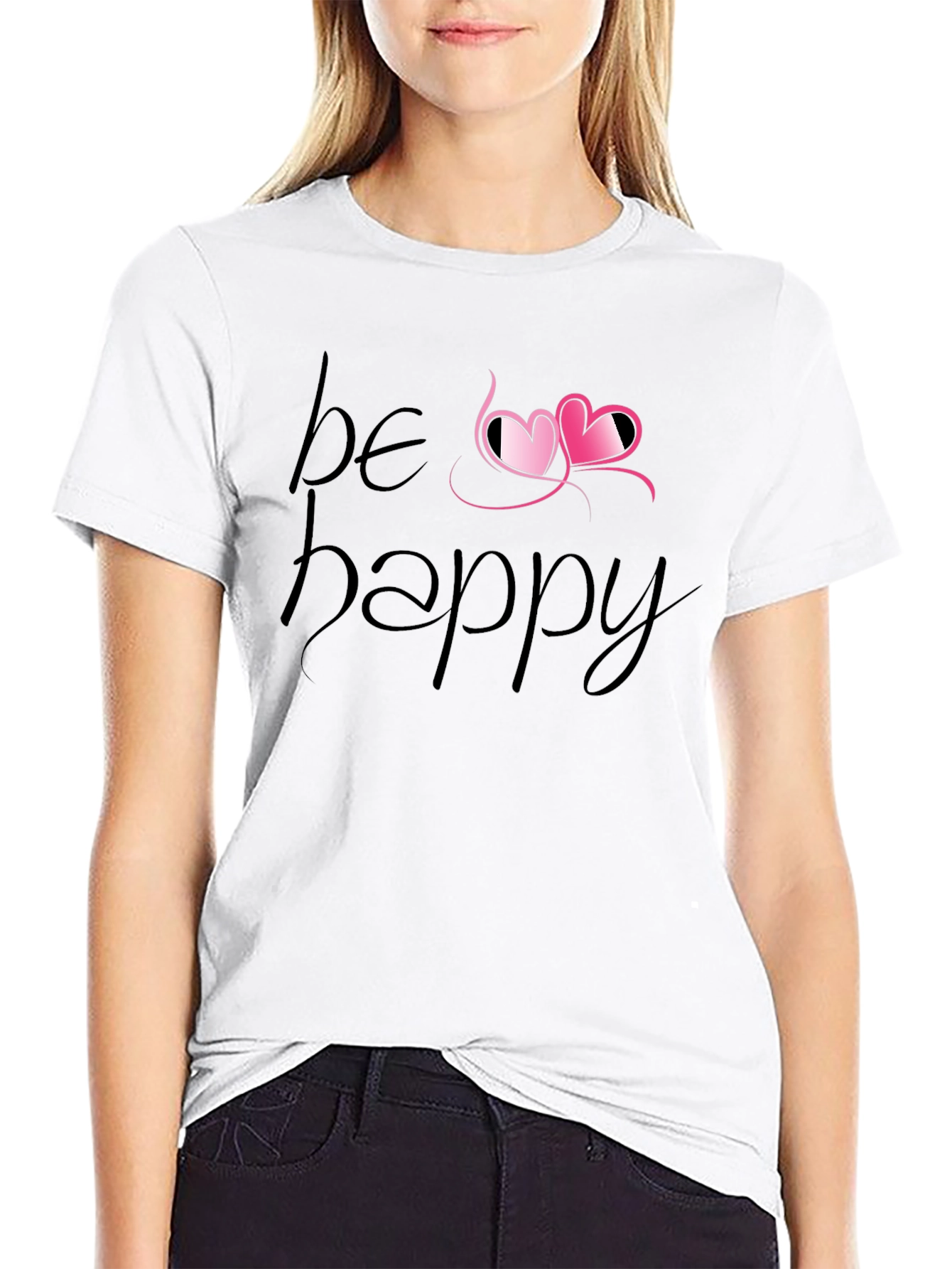 Black Be Happy Heart Tee - Black Graphic T-Shirt view 9