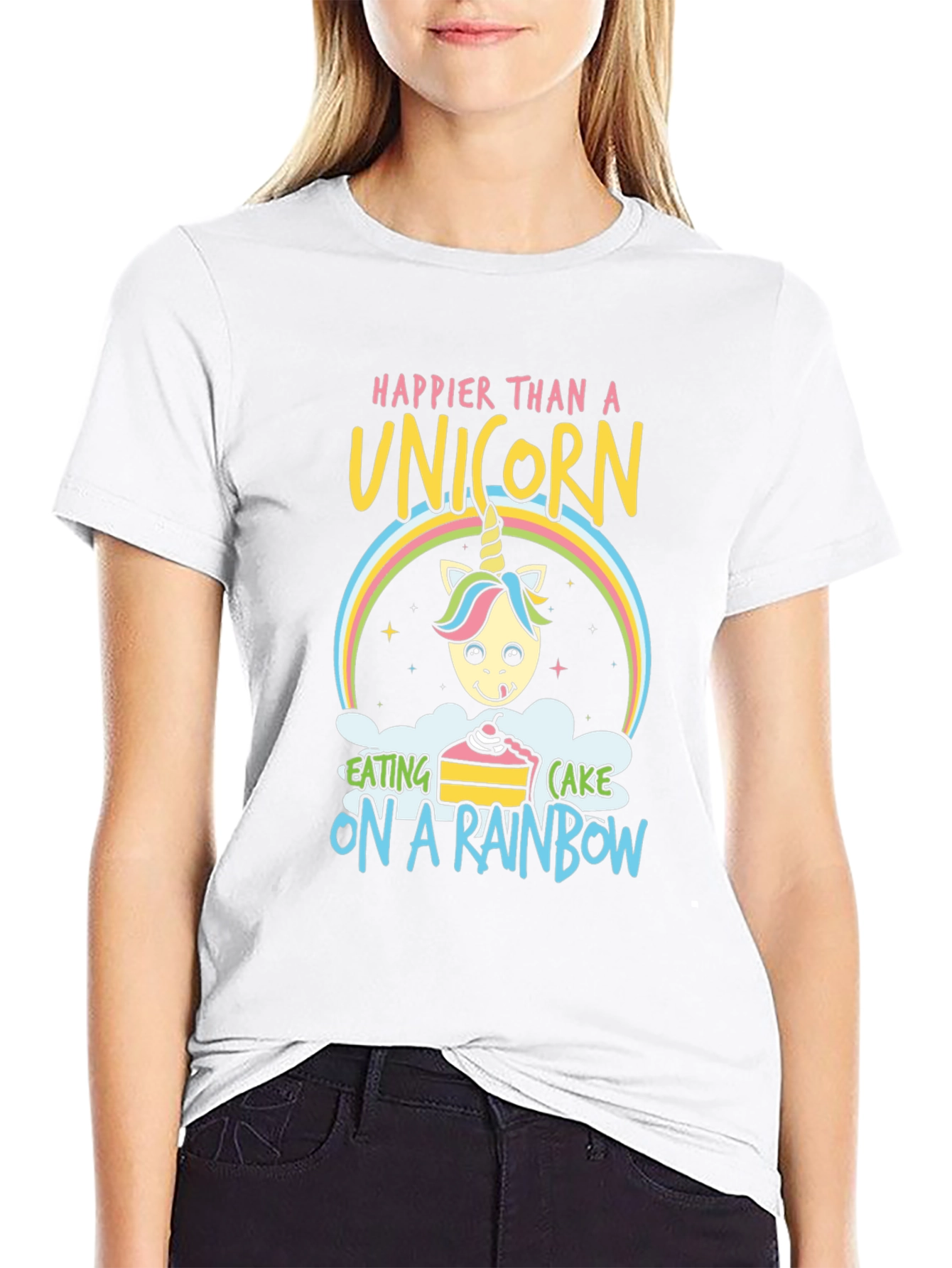 Black Happy Unicorn Rainbow Cake Graphic Tee view 9