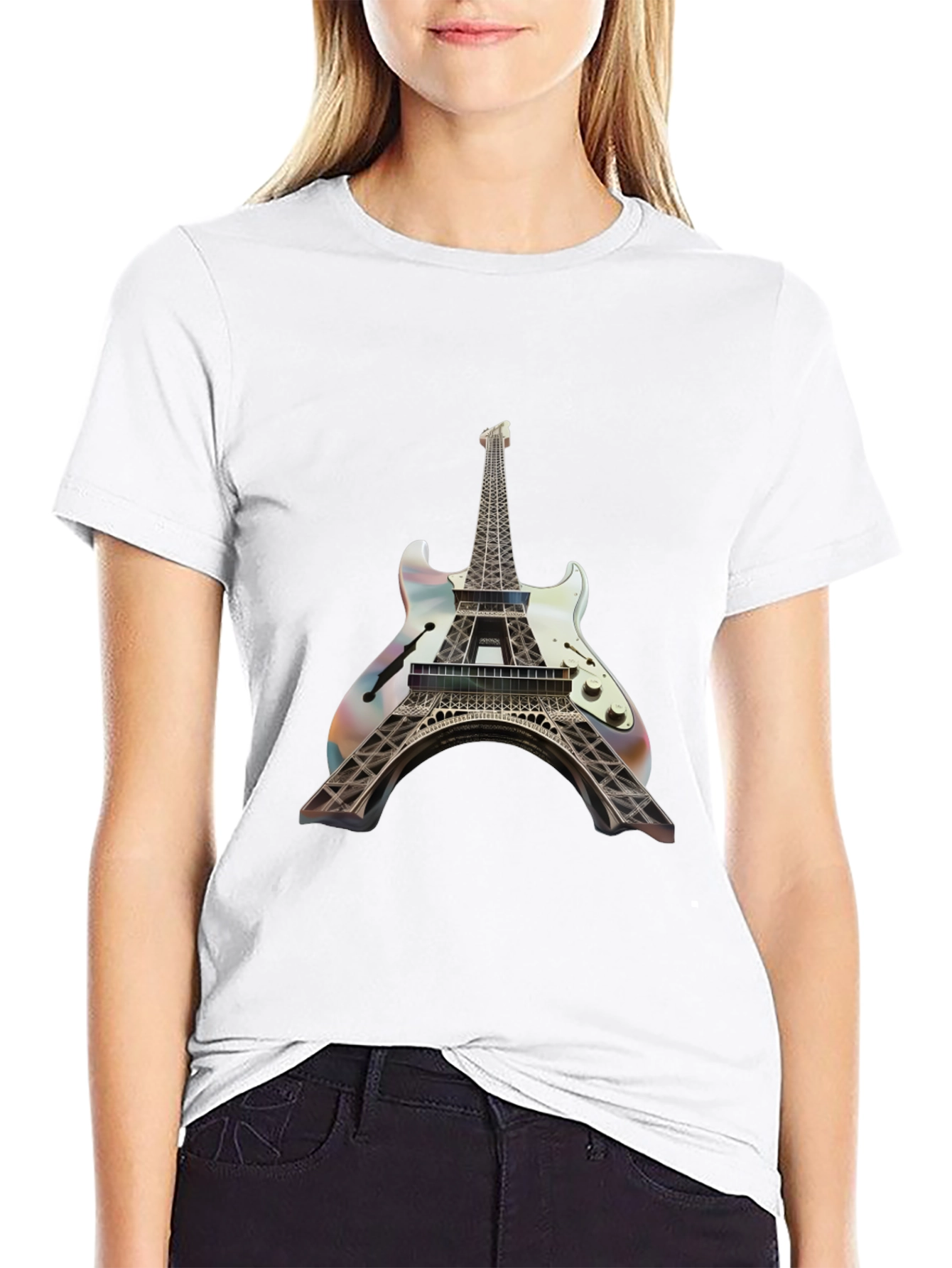 Black Eiffel Tower Guitar T-Shirt - Unique Design view 9