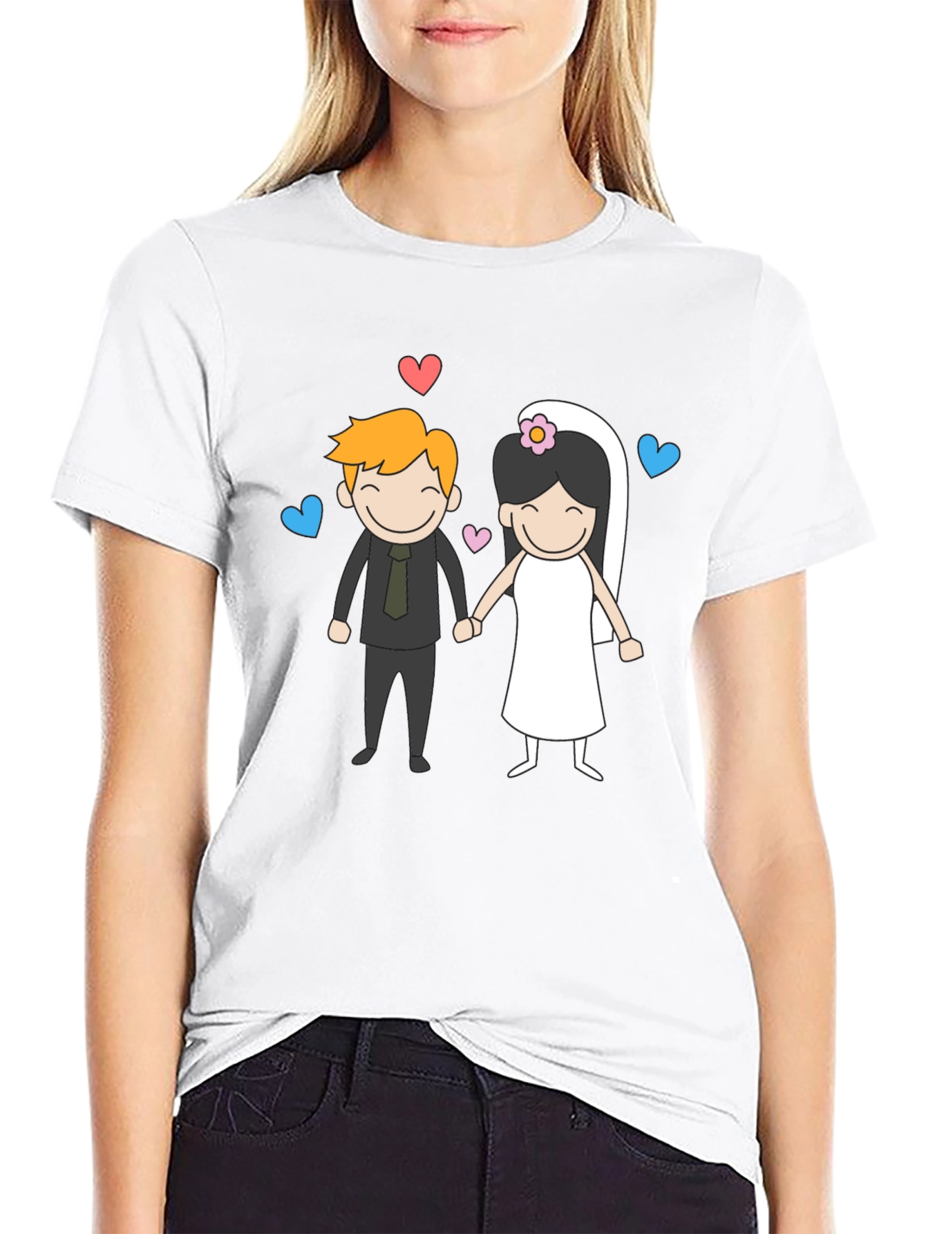 Black Cartoon Wedding Couple Graphic Tee - Black view 9