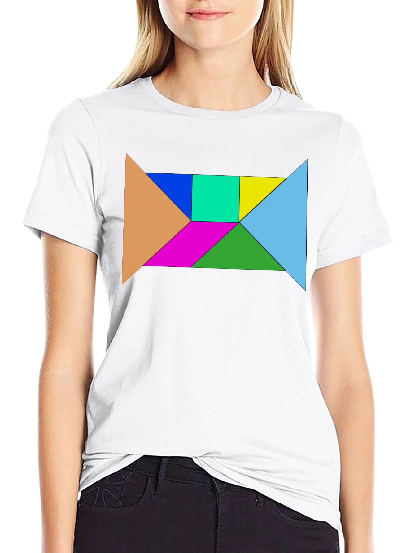 Black Geometric Tangram Puzzle Graphic Tee - Black Cotton Blend view 9