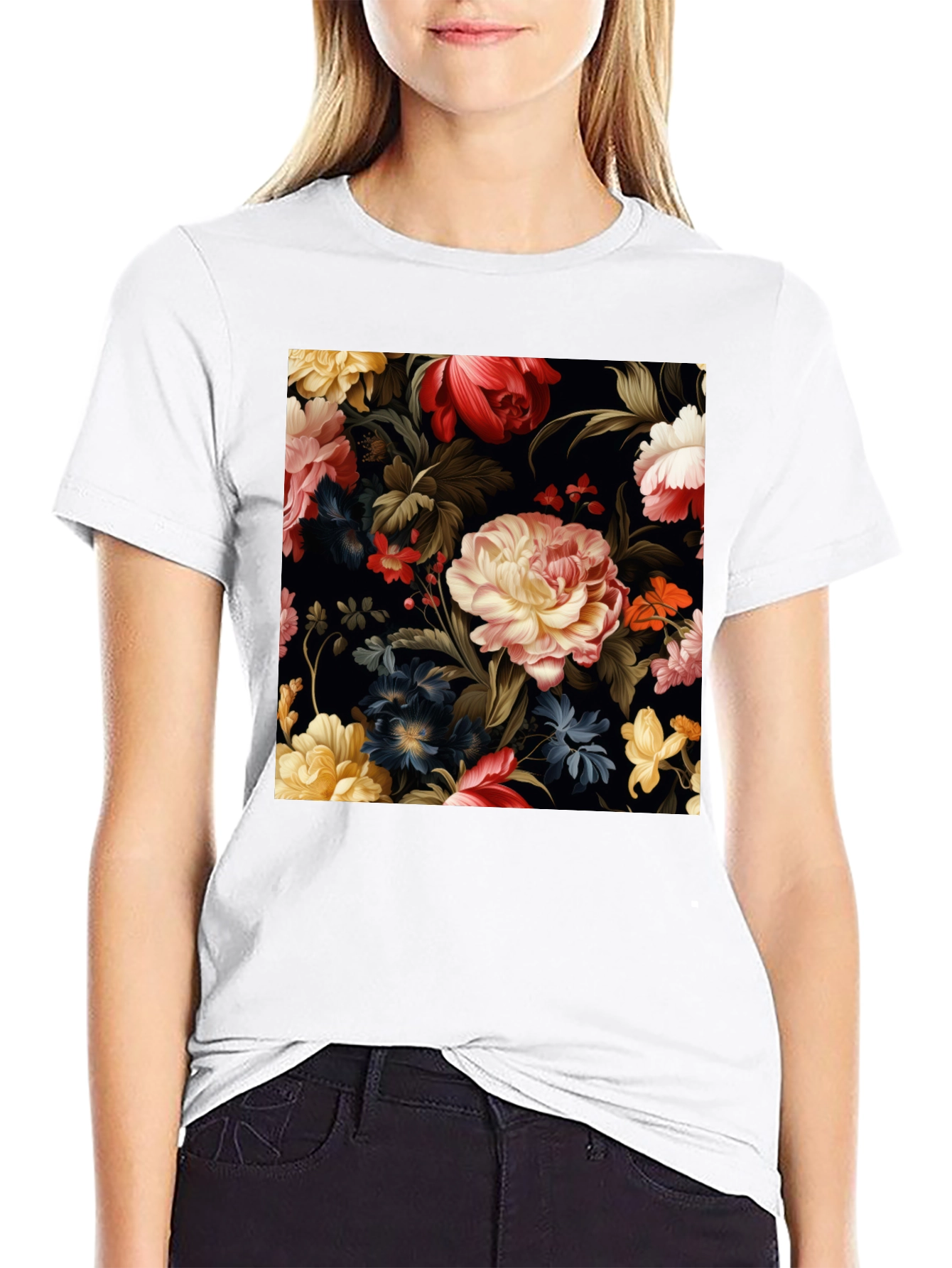 Black Floral Pattern Black T-Shirt view 9