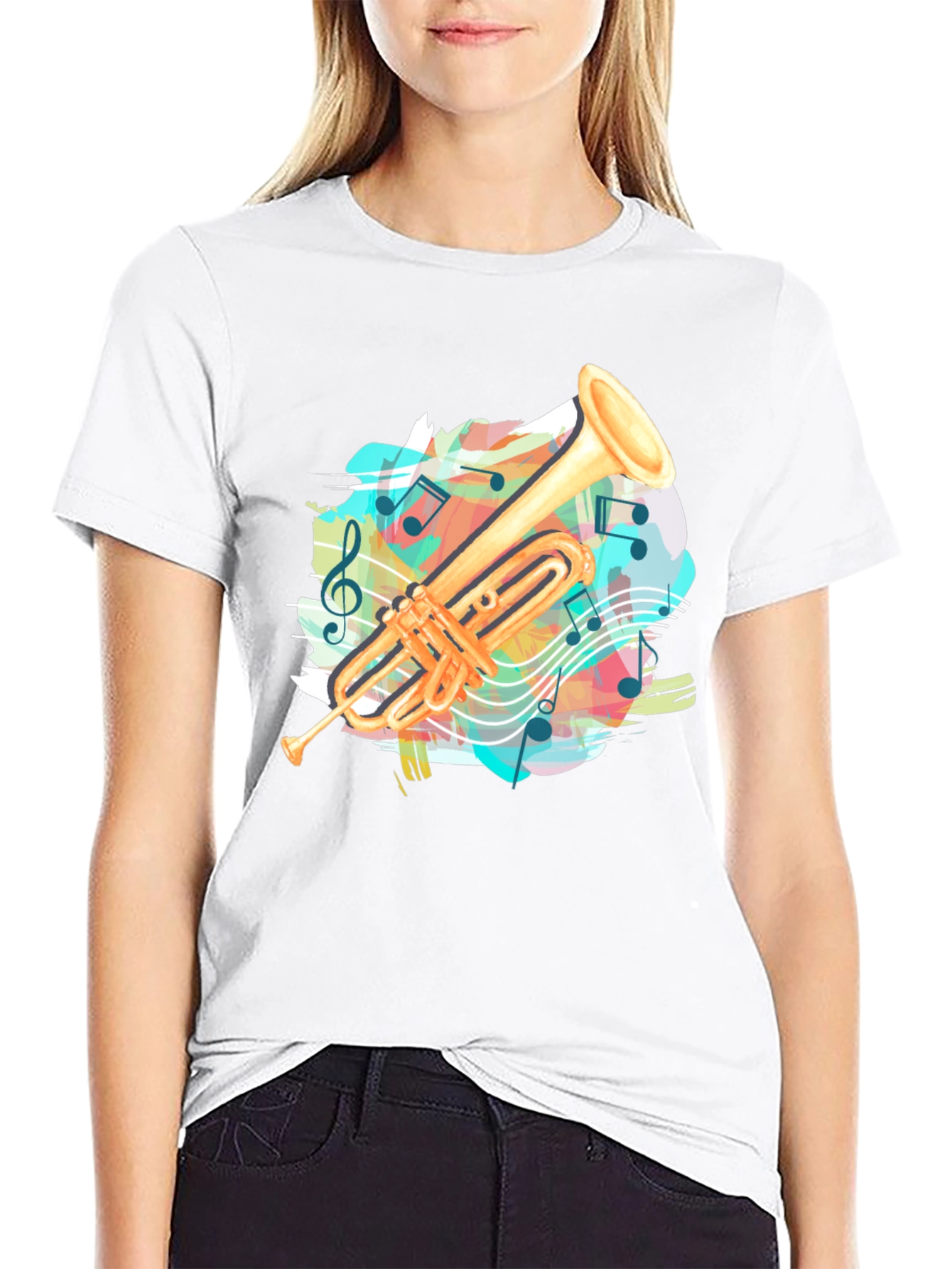 Black Trumpet Music Notes Graphic Tee - Black Casual T-Shirt view 9