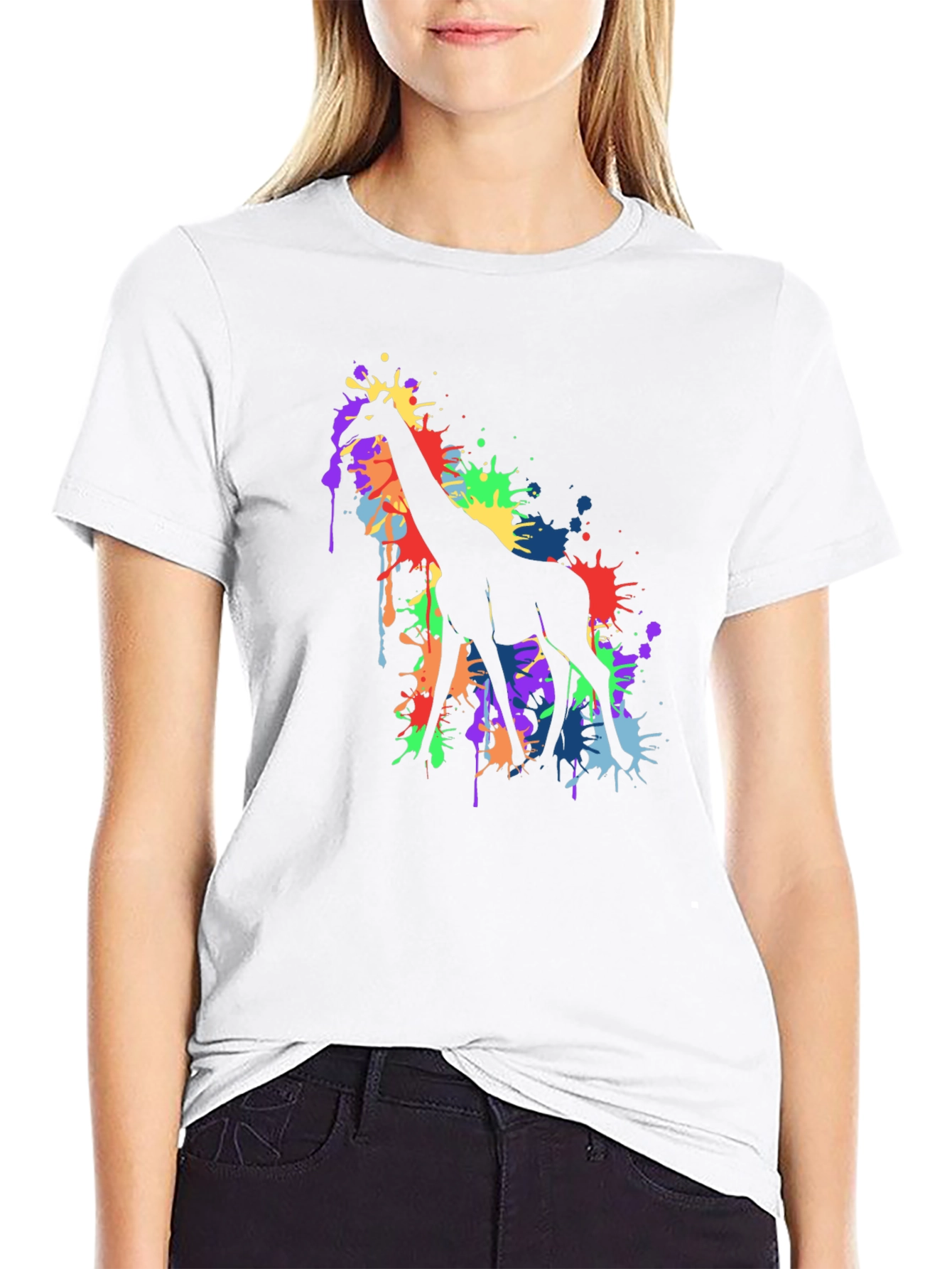 Black Colorful Giraffe Splatter Art Graphic Tee - Black view 9