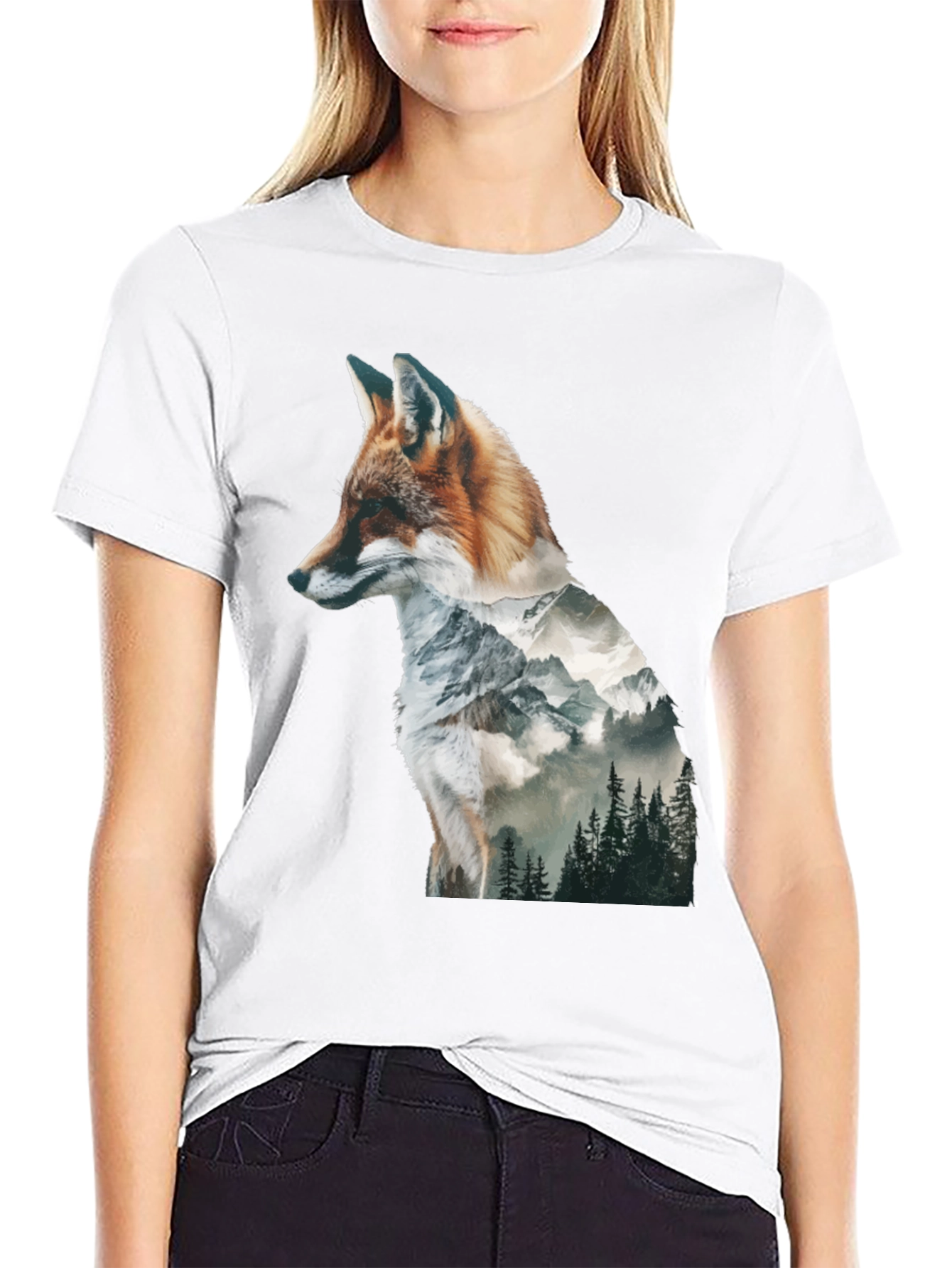Black Fox & Mountain Graphic Print Black T-Shirt view 9