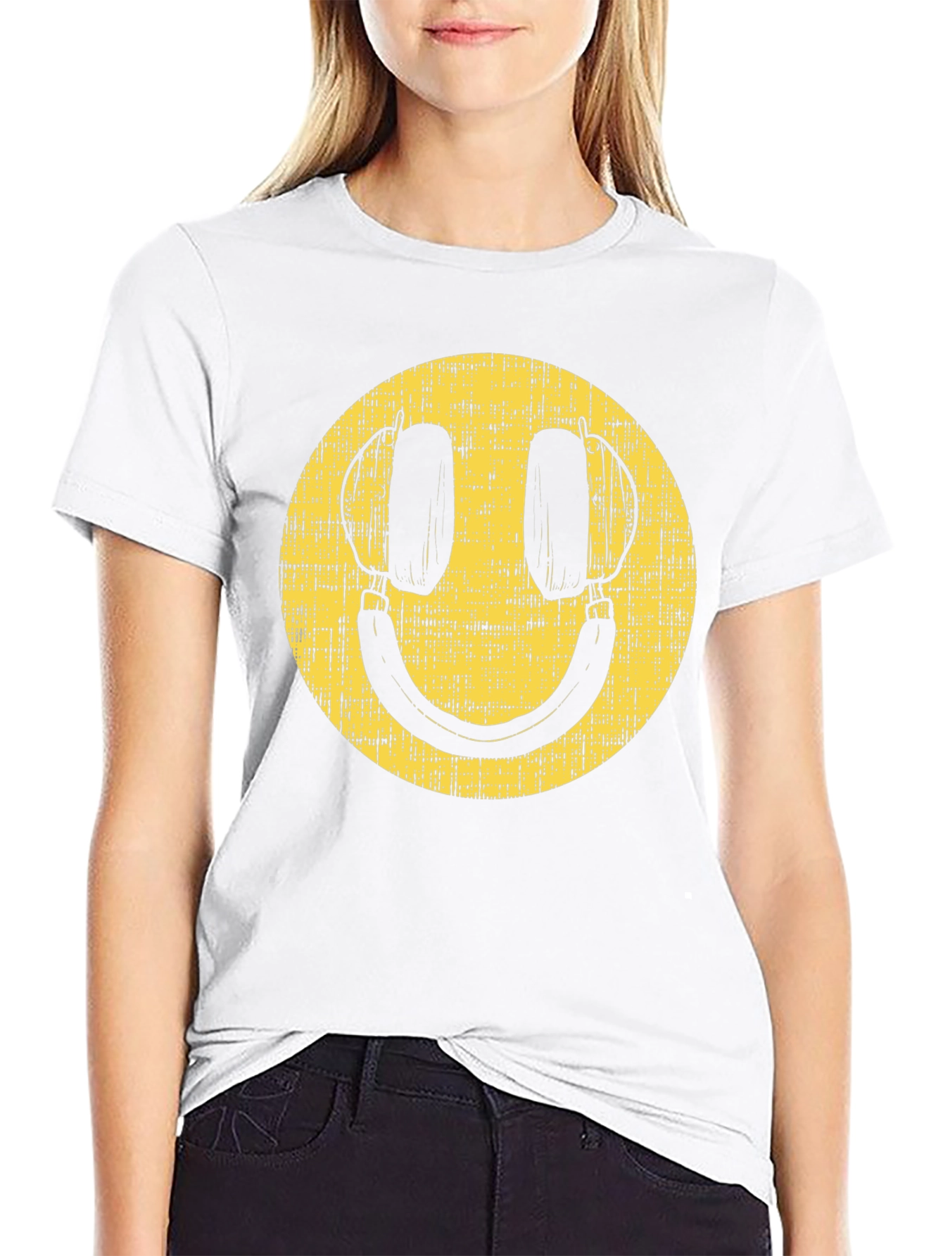 Black Retro Smiley Face Headphones Black T-Shirt view 9