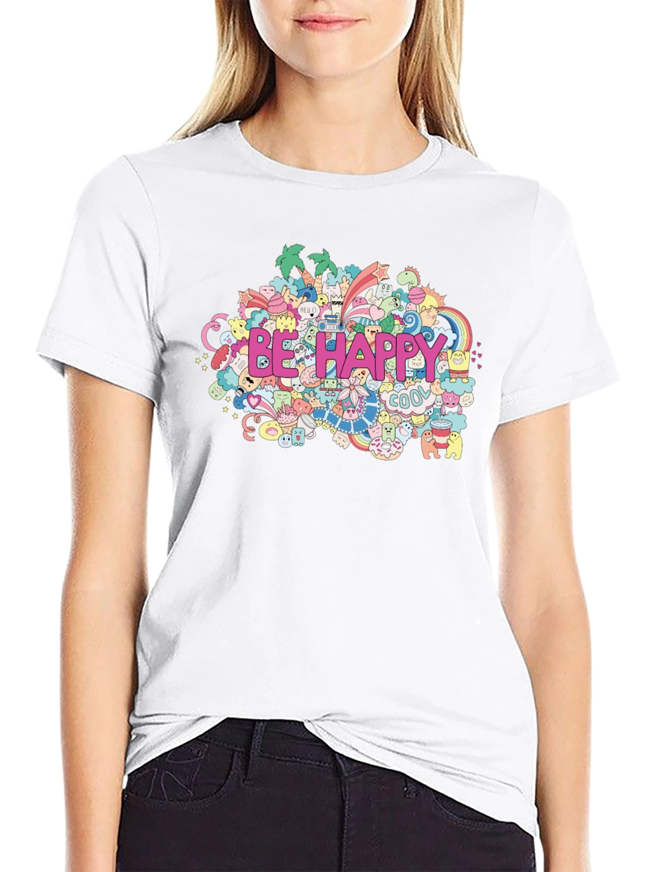 Black Be Happy Doodle Art Black T-Shirt view 9