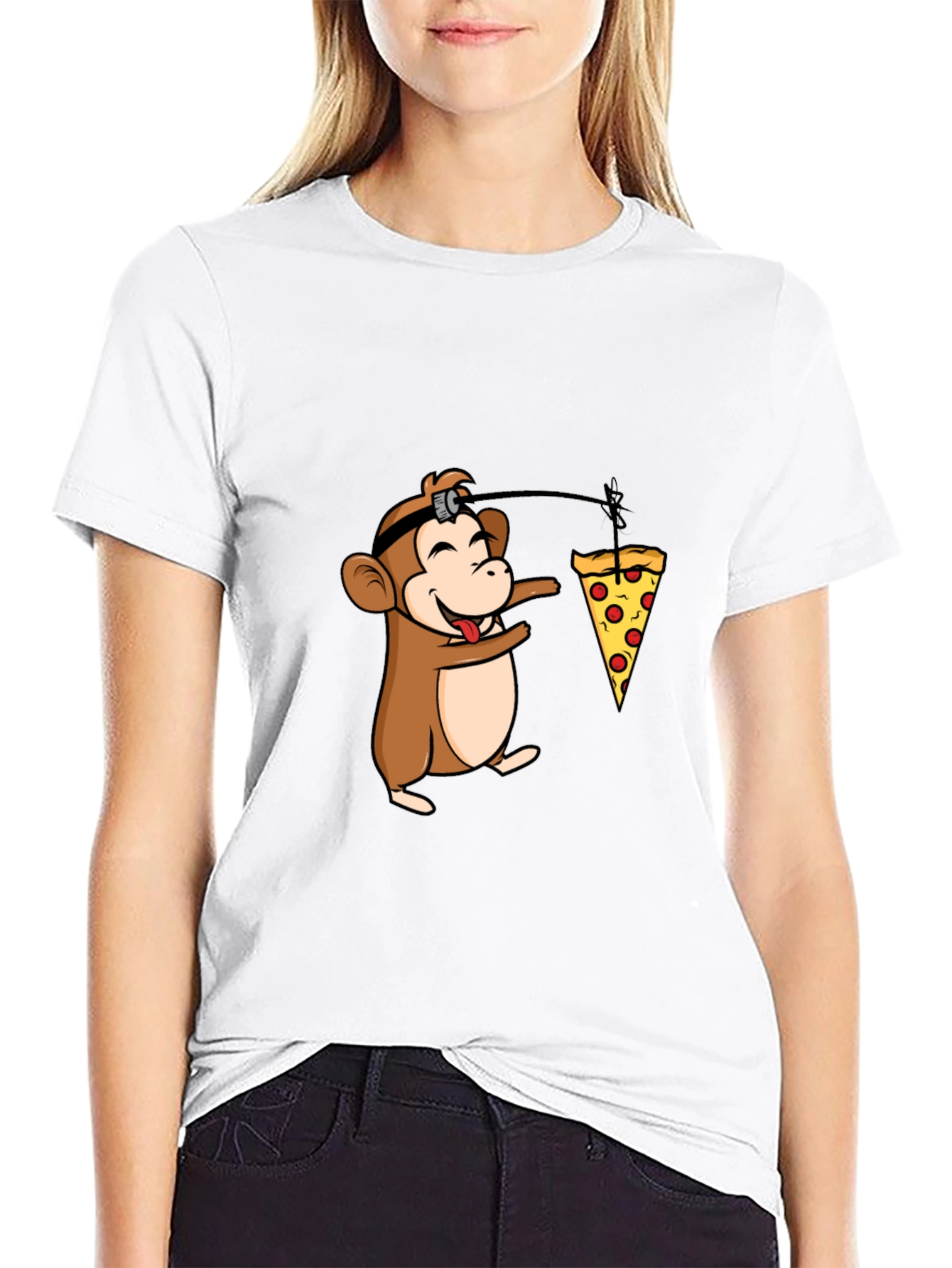 Black Funny Monkey Pizza T-Shirt - Novelty Cartoon Tee view 9