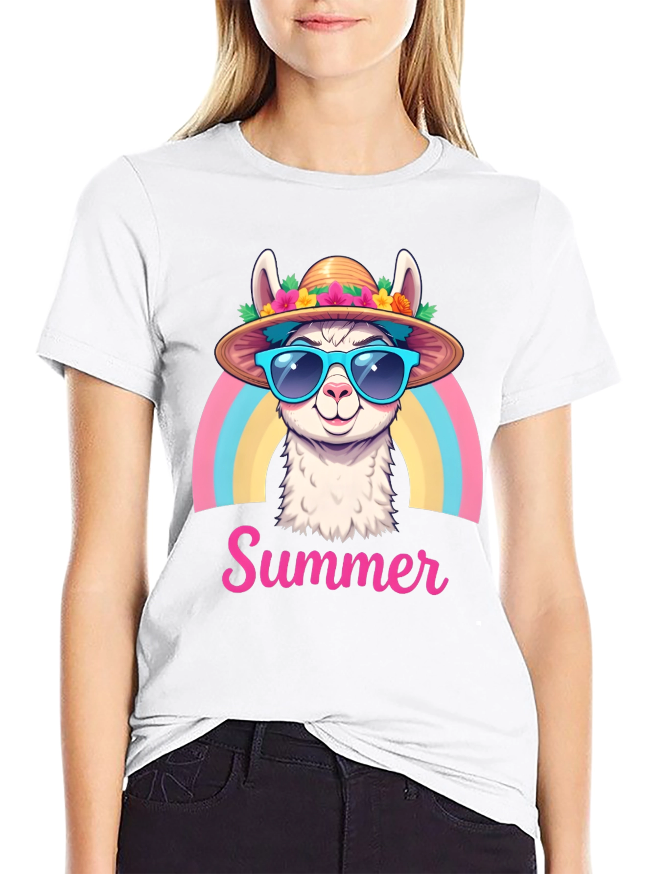 Black Summer Llama T-Shirt Rainbow Hat Sunglasses view 9