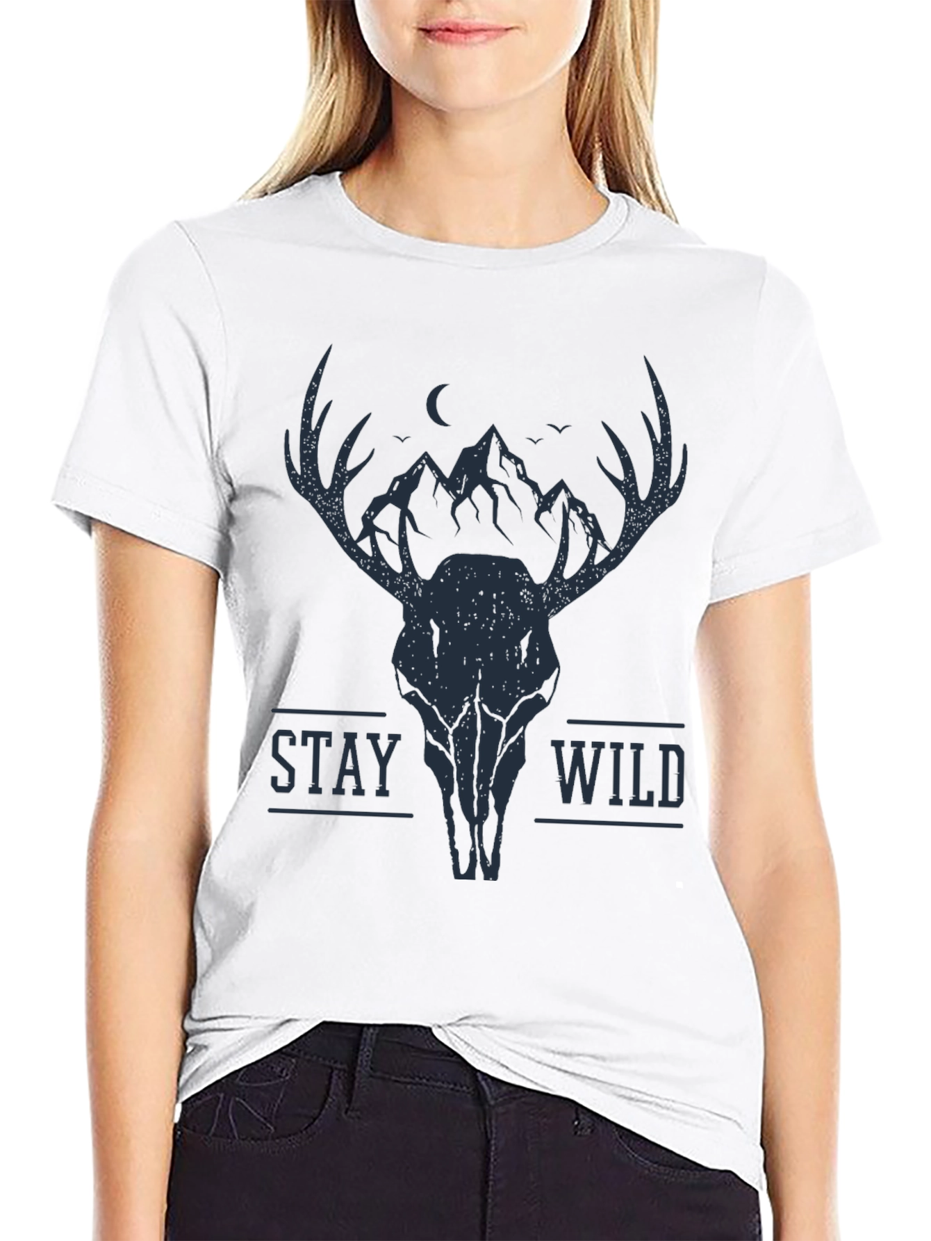 Black Stay Wild Deer Skull Graphic Tee - Black view 9