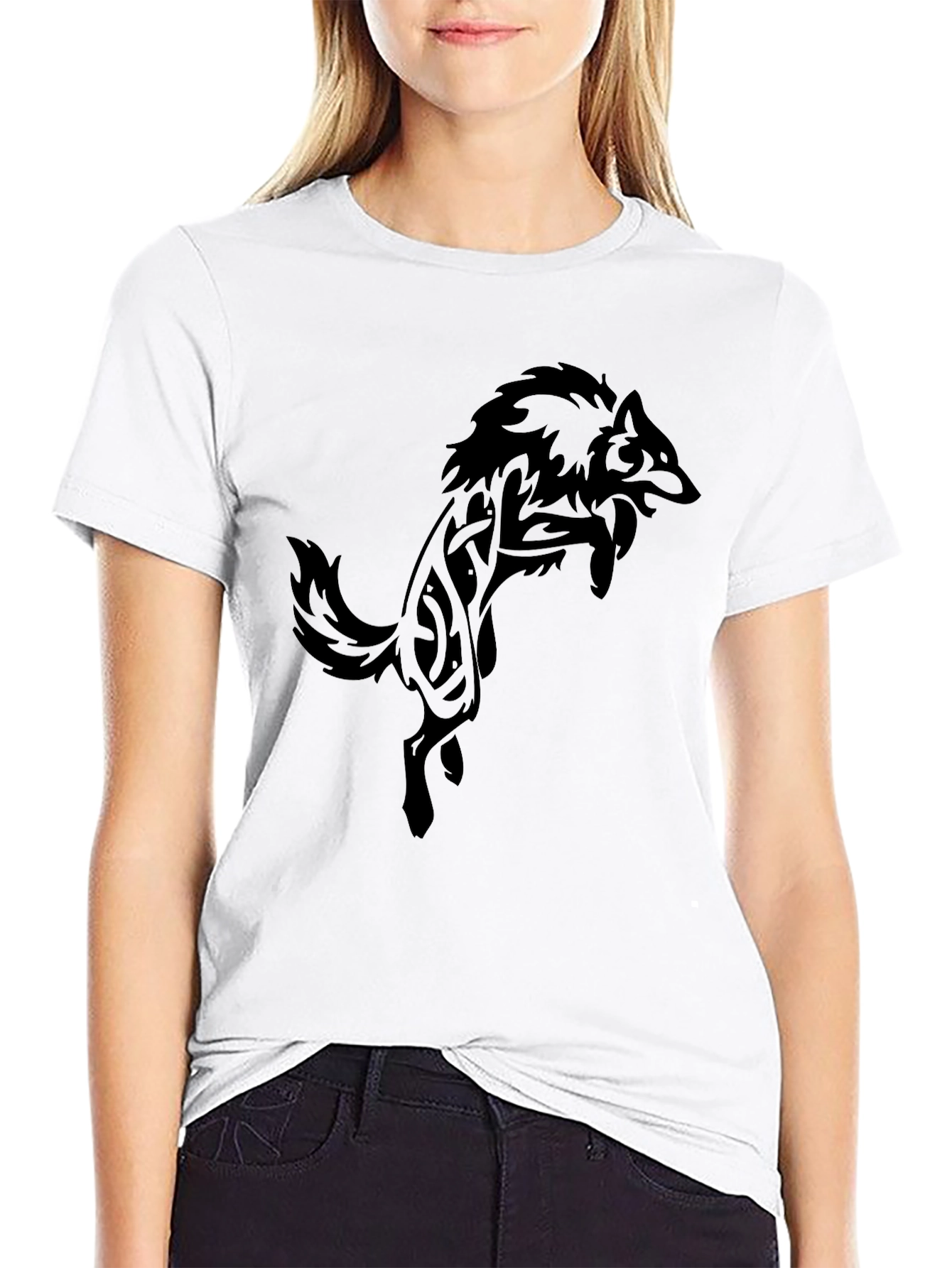 Black Men's Black T-Shirt with Tribal Wolf Design view 9
