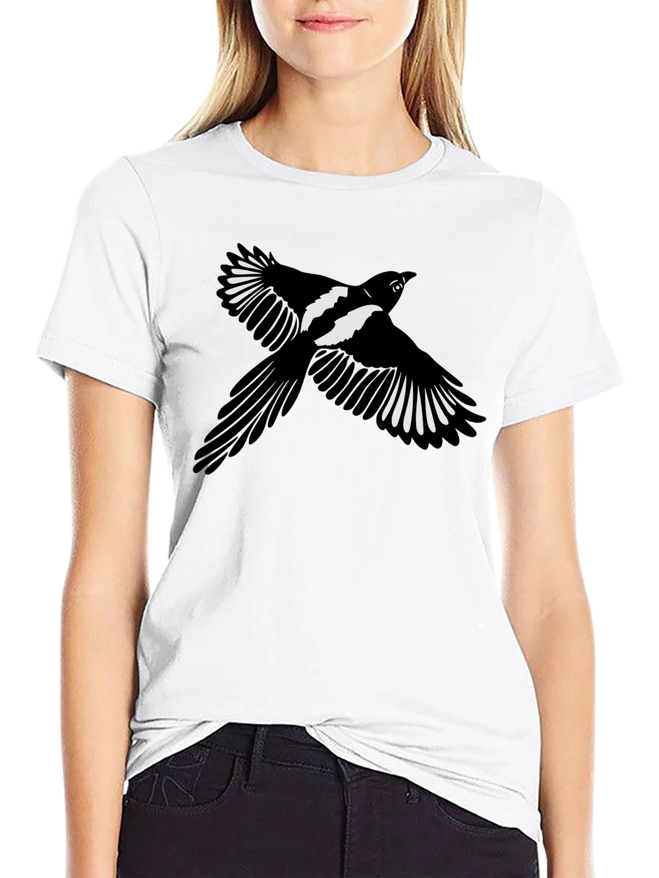 Black Black T-Shirt with Magpie Bird Graphic view 9