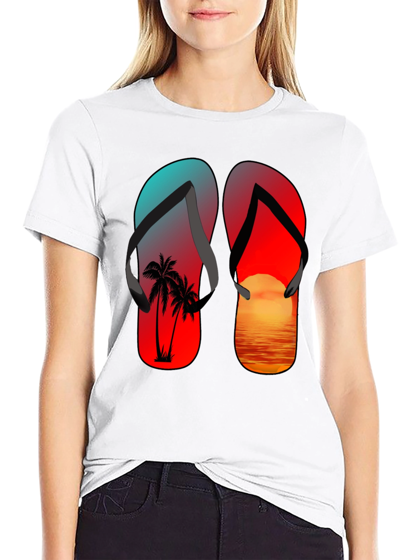 Black Tropical Flip Flop Sunset T-Shirt view 9