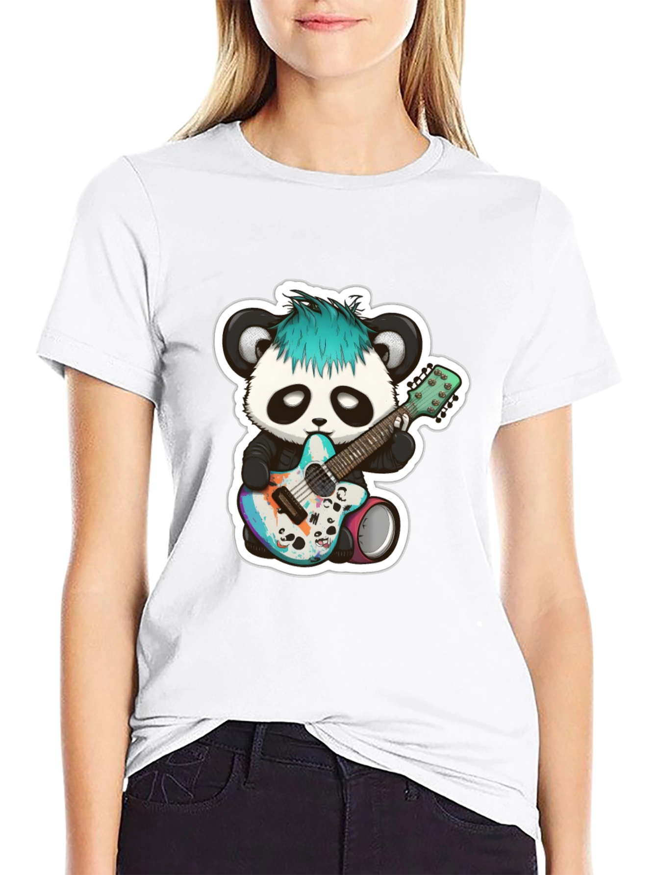 Black Cool Panda Guitarist Black T-Shirt view 9