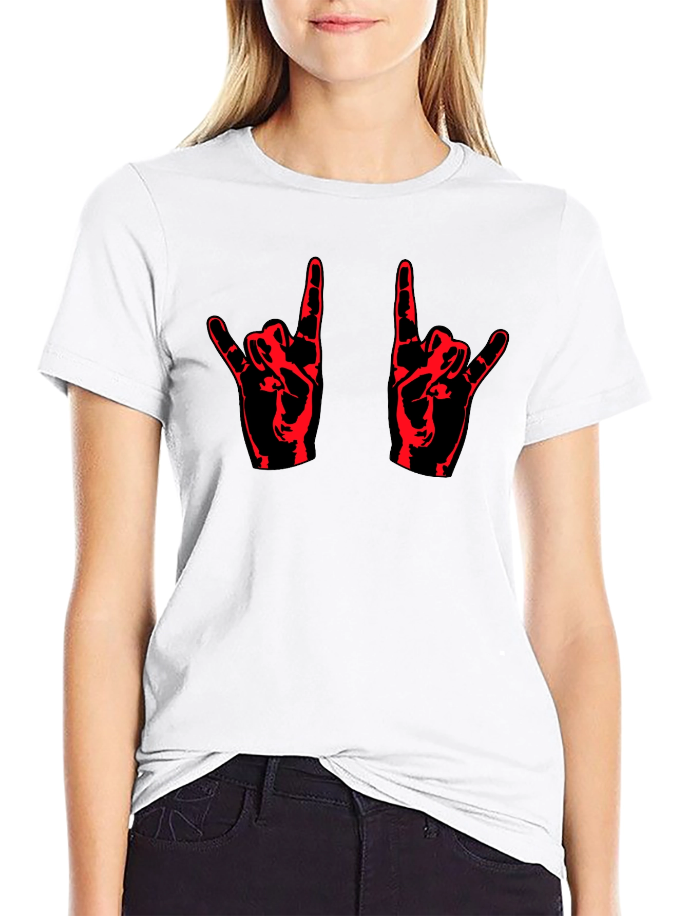 Black Rock On! Black T-Shirt with Red Hand Design view 9