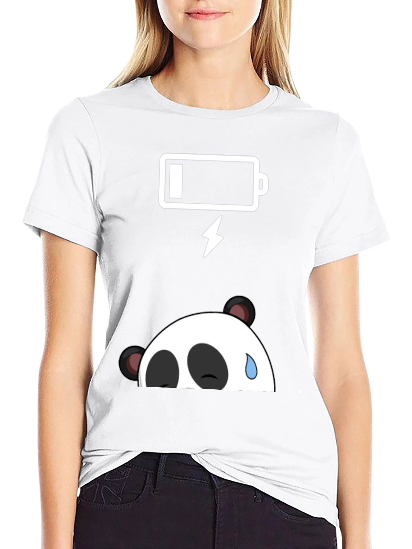 Black Funny Panda Low Battery Graphic Tee - Black Cotton T-Shirt view 9
