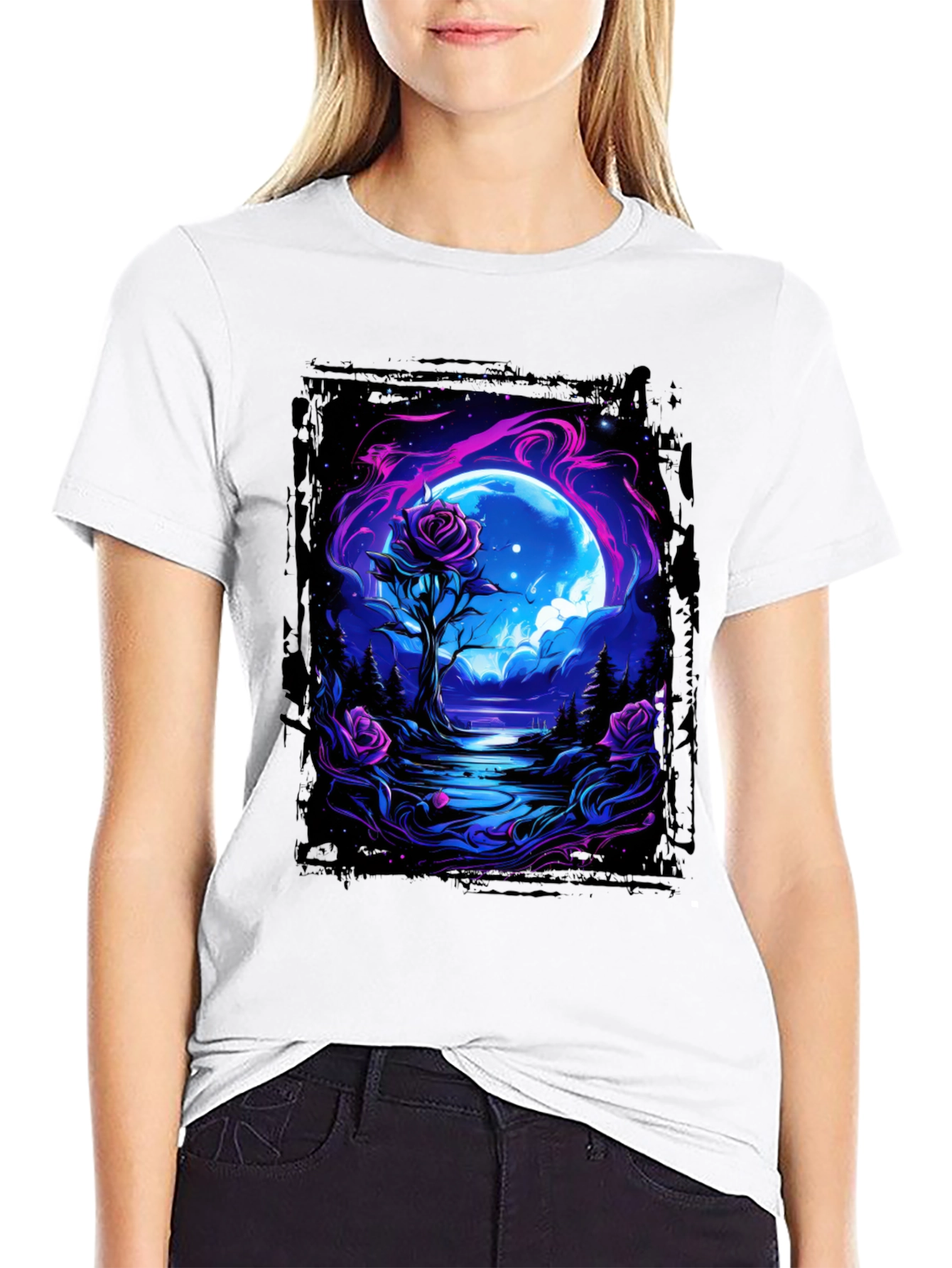 Black Mystic Moonlit Rose Graphic Tee view 9