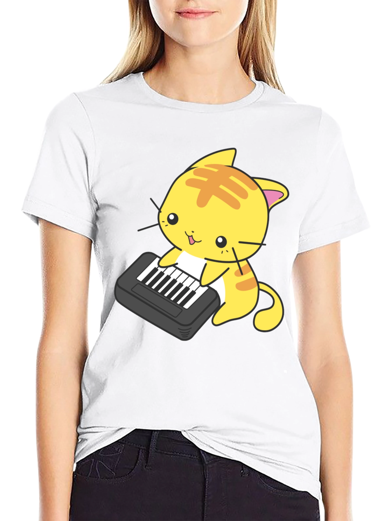Black Cute Cat Keyboard T-Shirt view 9