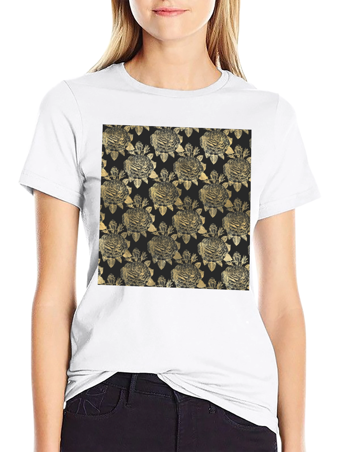 Black Golden Floral Pattern Black T-Shirt view 9