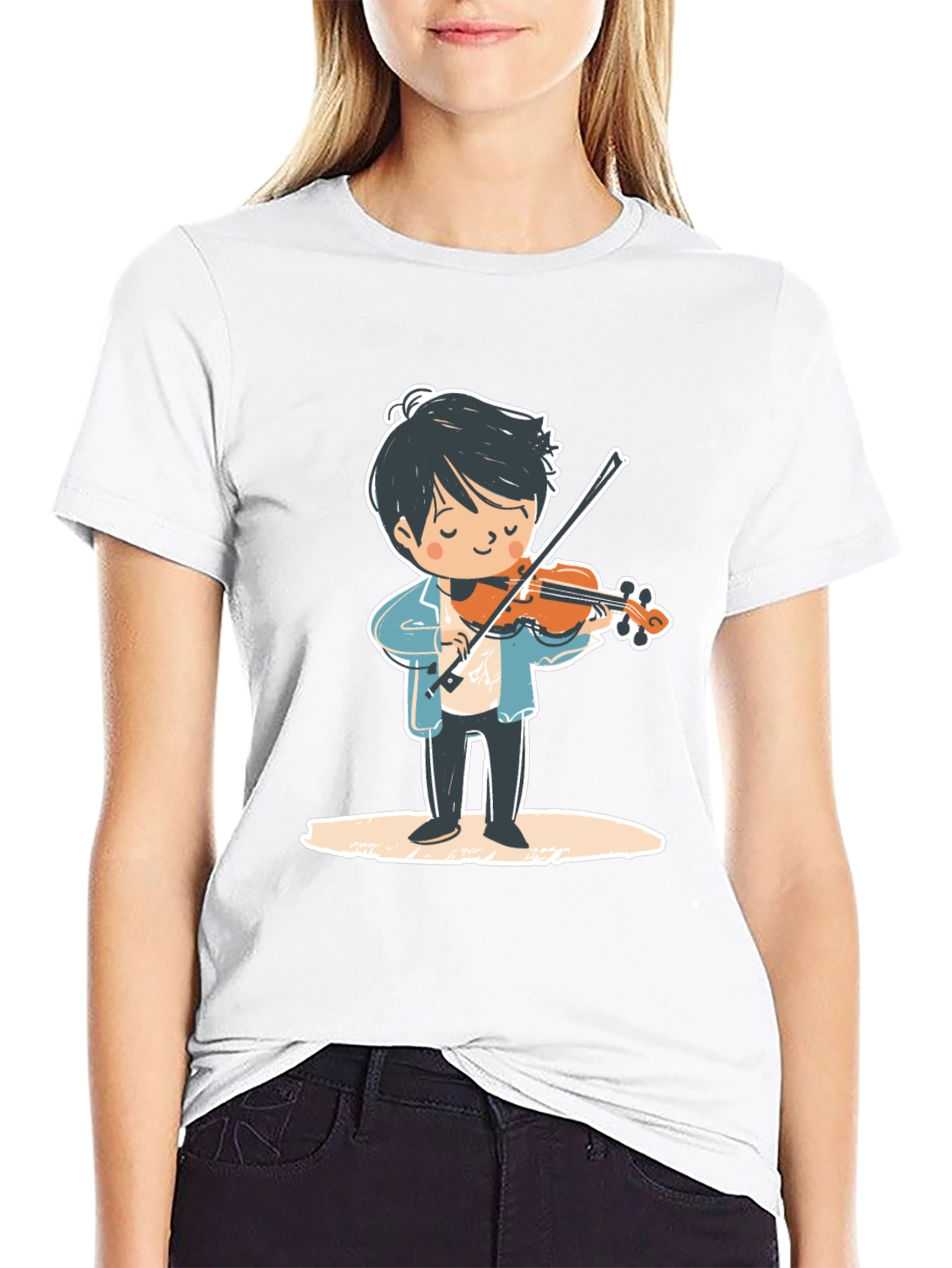 Black Violinist Cartoon Graphic Tee - Unisex Black T-Shirt view 9