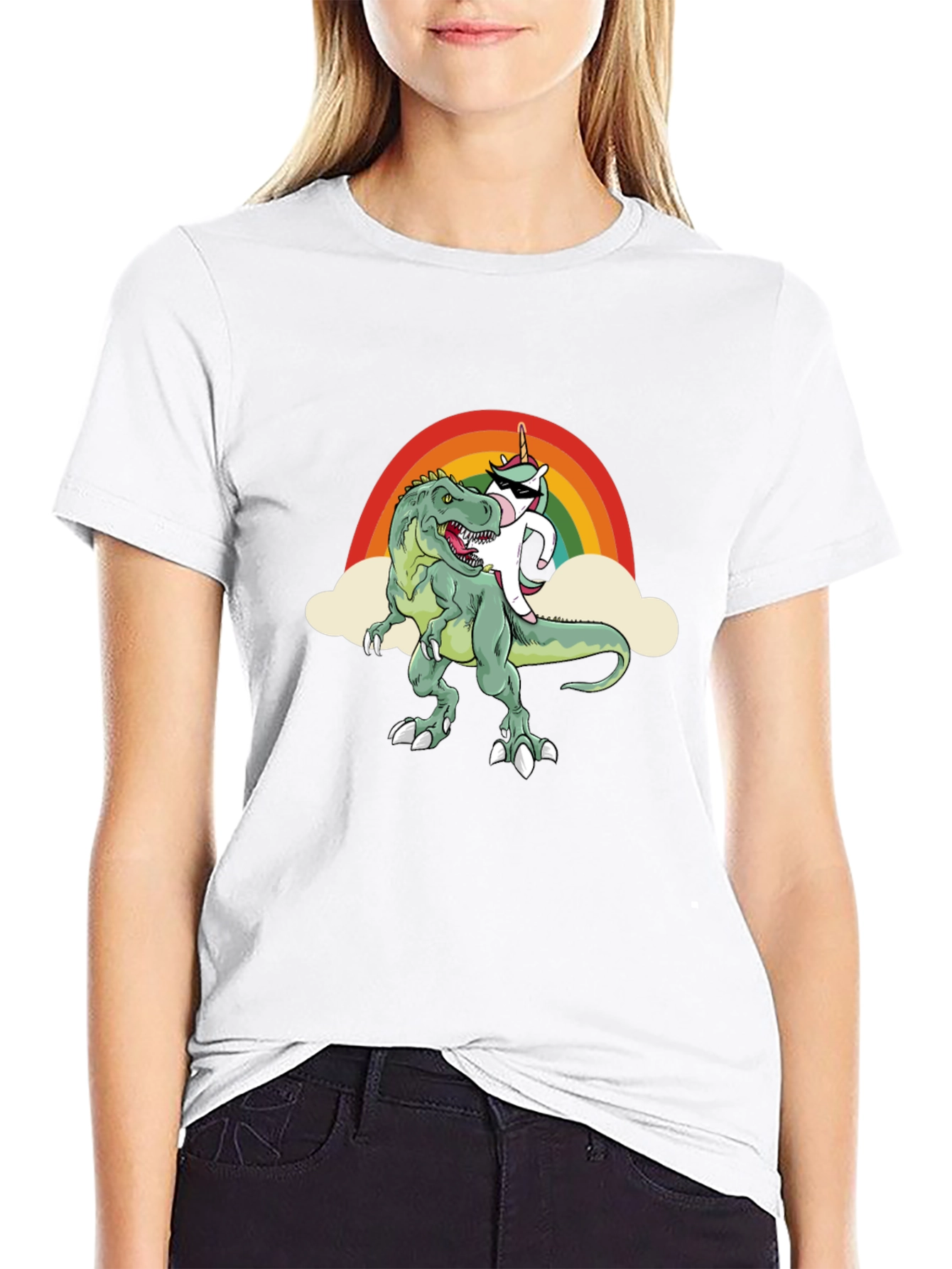 Black Unicorn Riding Dinosaur T-Shirt Funny Tee view 9