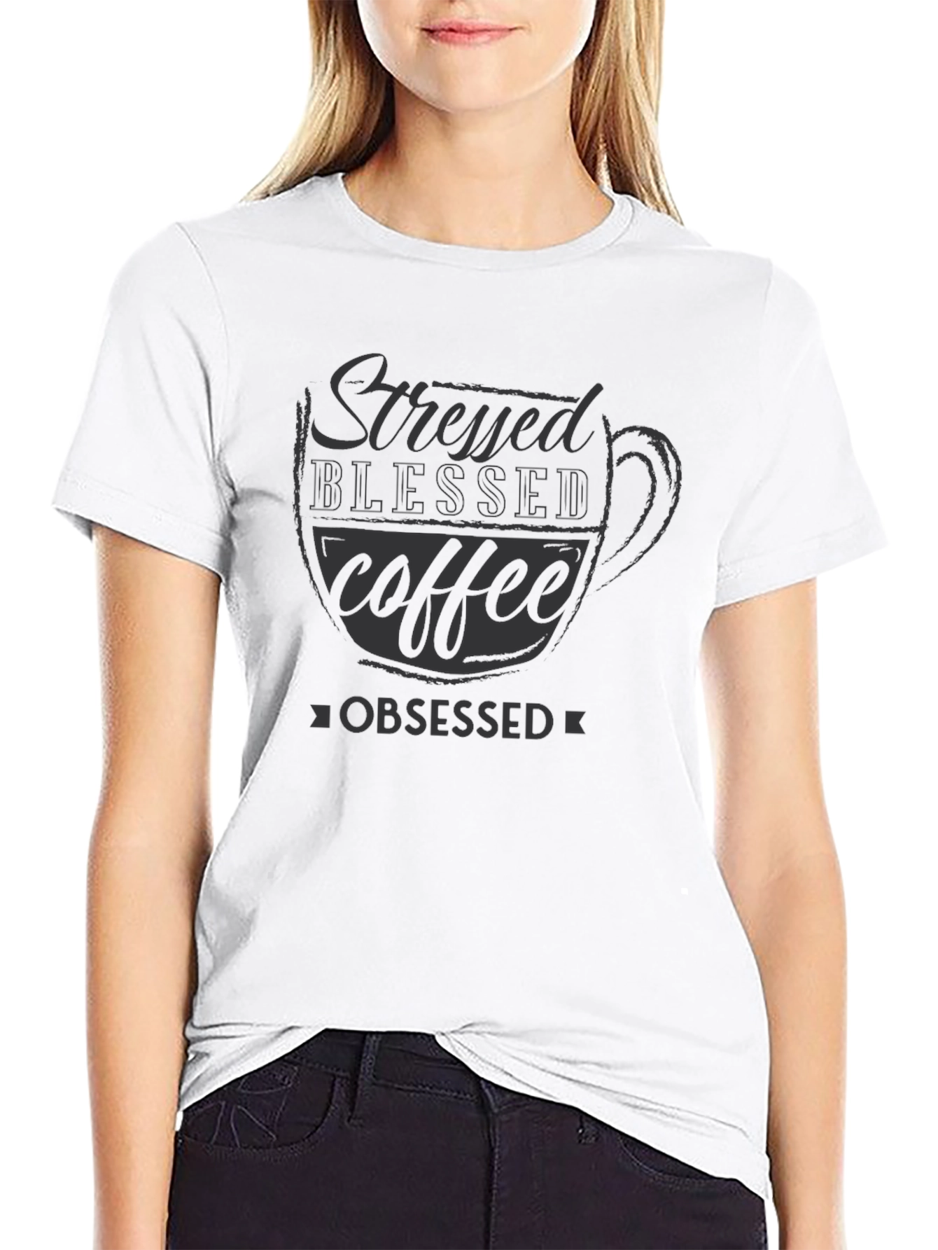 Black Stressed Blessed Coffee Obsessed Black T-Shirt view 9