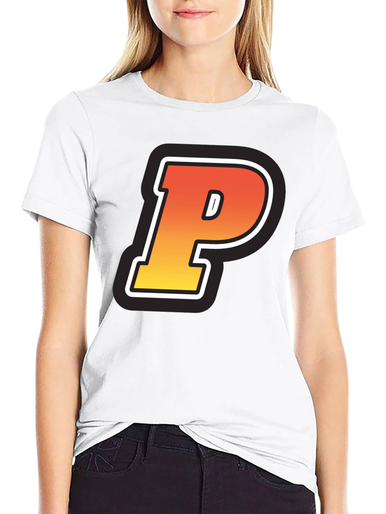Black Retro P Letter T-Shirt - Black Cotton Tee view 9