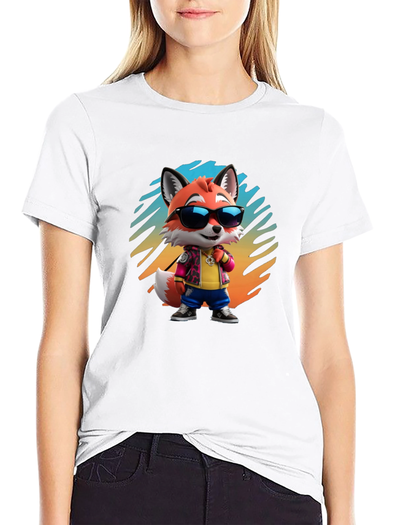 Black Cool Cartoon Fox T-Shirt - Black Cotton Tee view 9