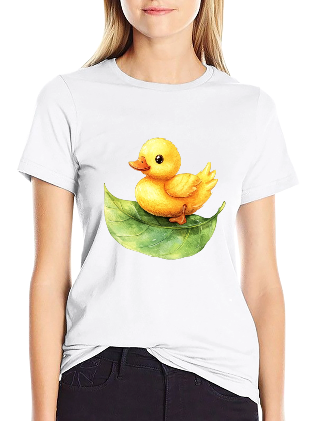 Black Cute Duckling on Leaf Graphic Tee view 9