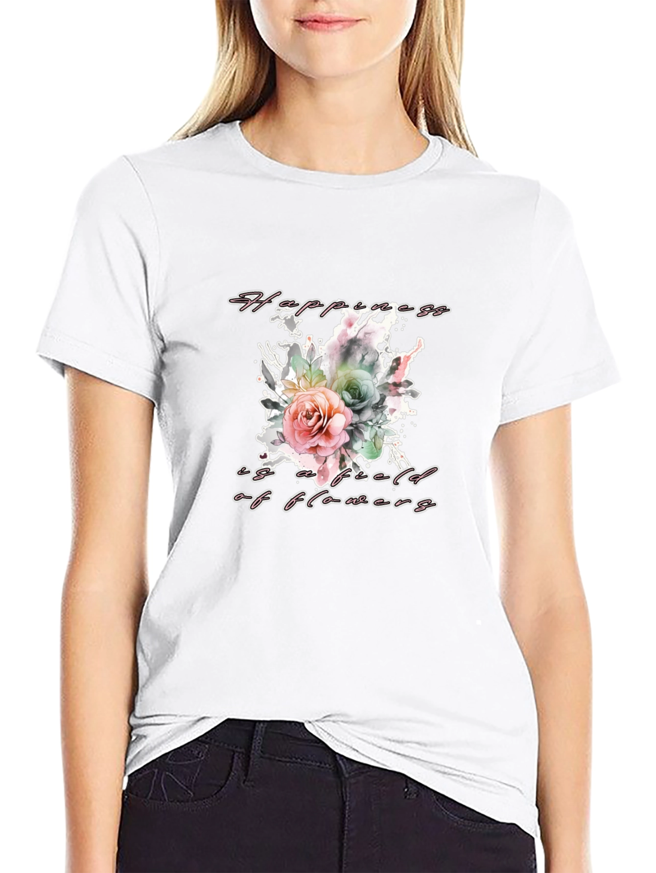 Black Floral Happiness T-Shirt - Stylish & Comfortable view 9